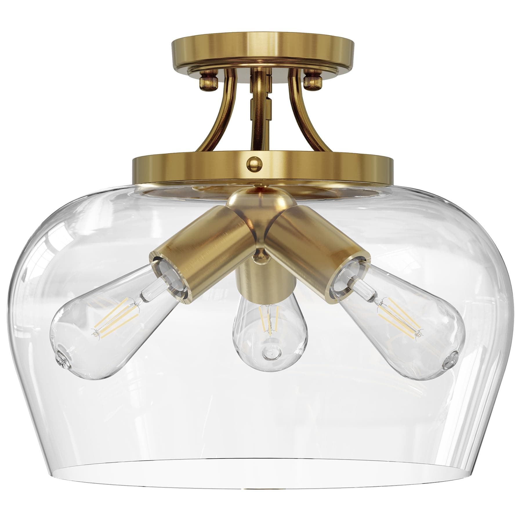 VONLUCE Semi Flush Mount Ceiling Light, 13.8" Ceiling Light Fixture with Clear Glass Shade, E26 Base, 3-Bulb Industrial Lighting Fixture for Hallway Entryway Bedroom, Brushed Gold, ETL Certificated