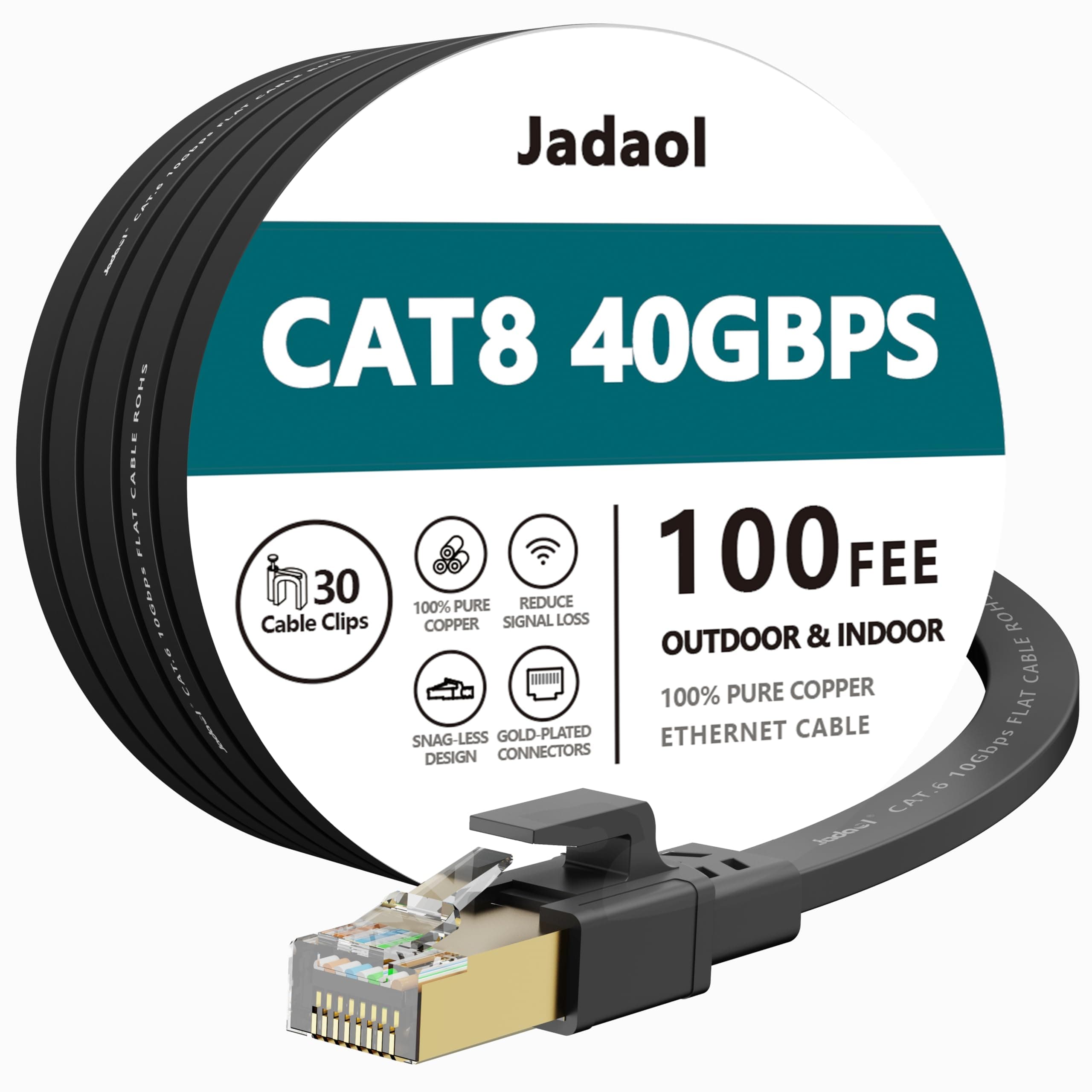 Cat7 Ethernet Cable 100 Ft Flat, jadaol Shielded (STP) Network Cable Cat 7 Flat Ethernet Patch Cable, internet computer cable with Snagless Rj45 Connectors - 100 Feet Black (30meters)
