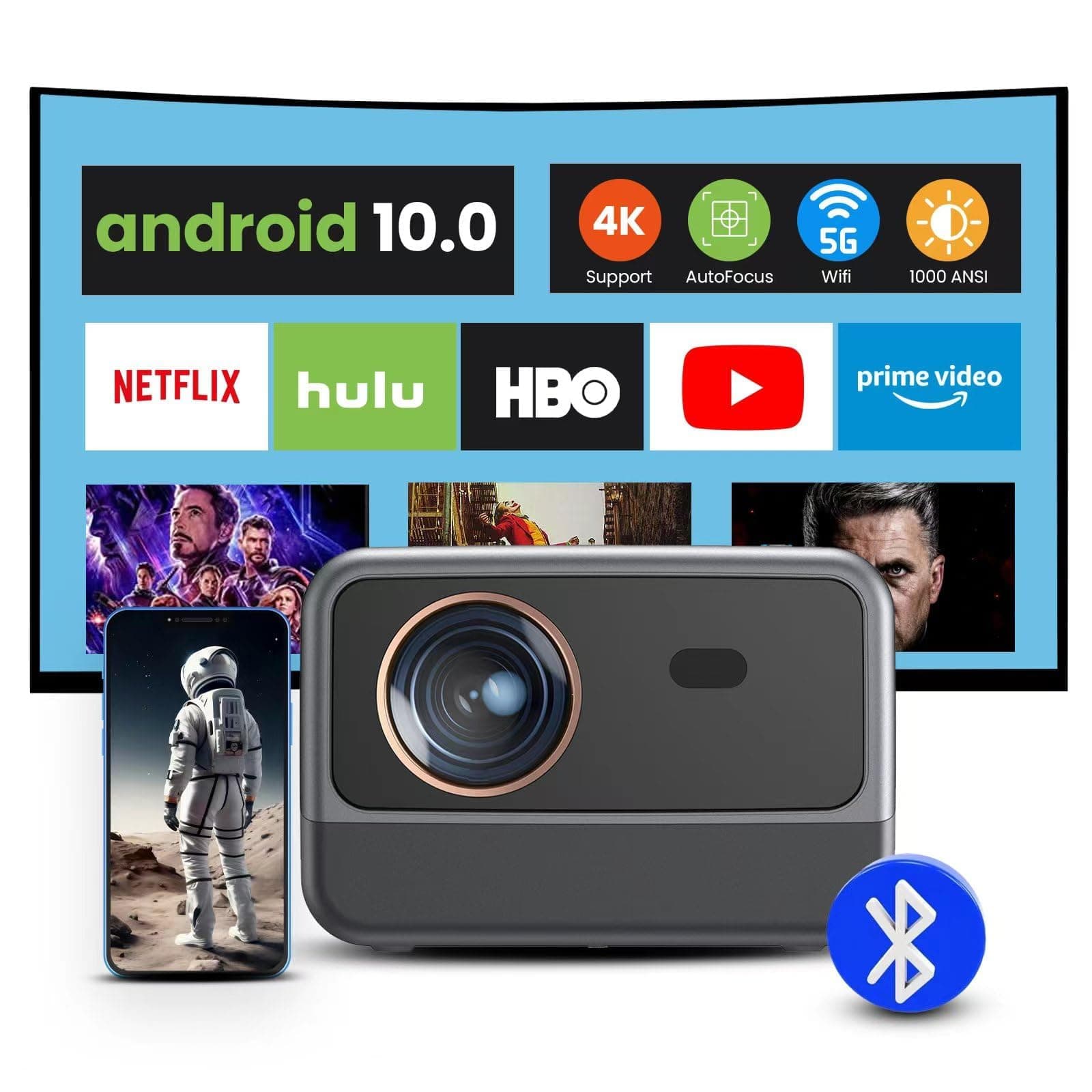 [Android 10.0/Auto focus] 4K Projector with 5G WiFi and BT5.3, 1000ANSI Movie Projector, Native 1080P Full HD Video Projector, Auto Keystone Correction home theater H10