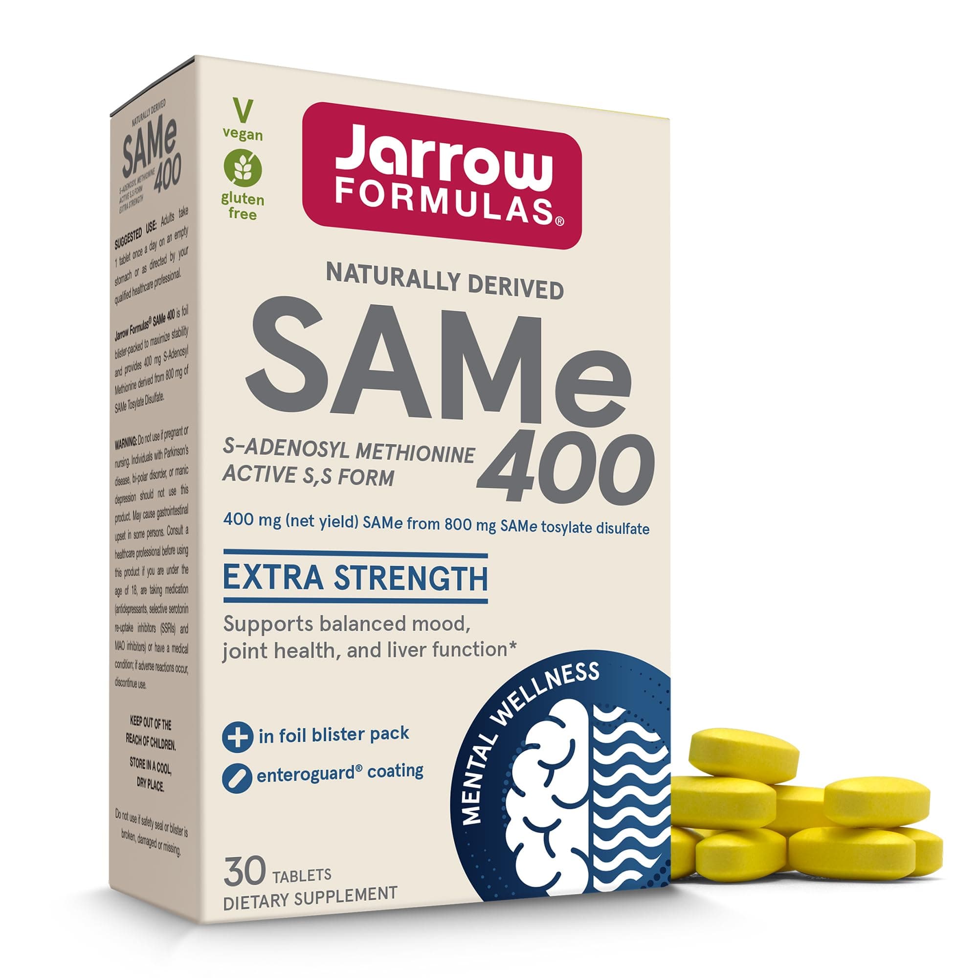 SAMe 400 mg - 30 Tablets - Highest Concentration of Active S,S Form - Supports Joint Health, Liver Function, Brain Metabolism, Mood & Antioxidant Defense - 30 Servings
