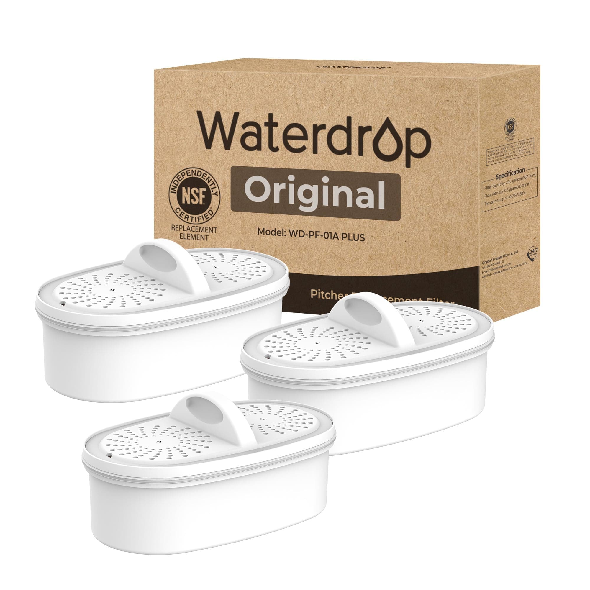 【Original】Waterdrop WD-PF-01A Plus NSF Certified Replacement Filter Compatible with All Water Drop Pitcher and Dispenser Filtration Systems, Reduces PFAS, PFOA/PFOS, Up to 200 Gallons (3 Pack)