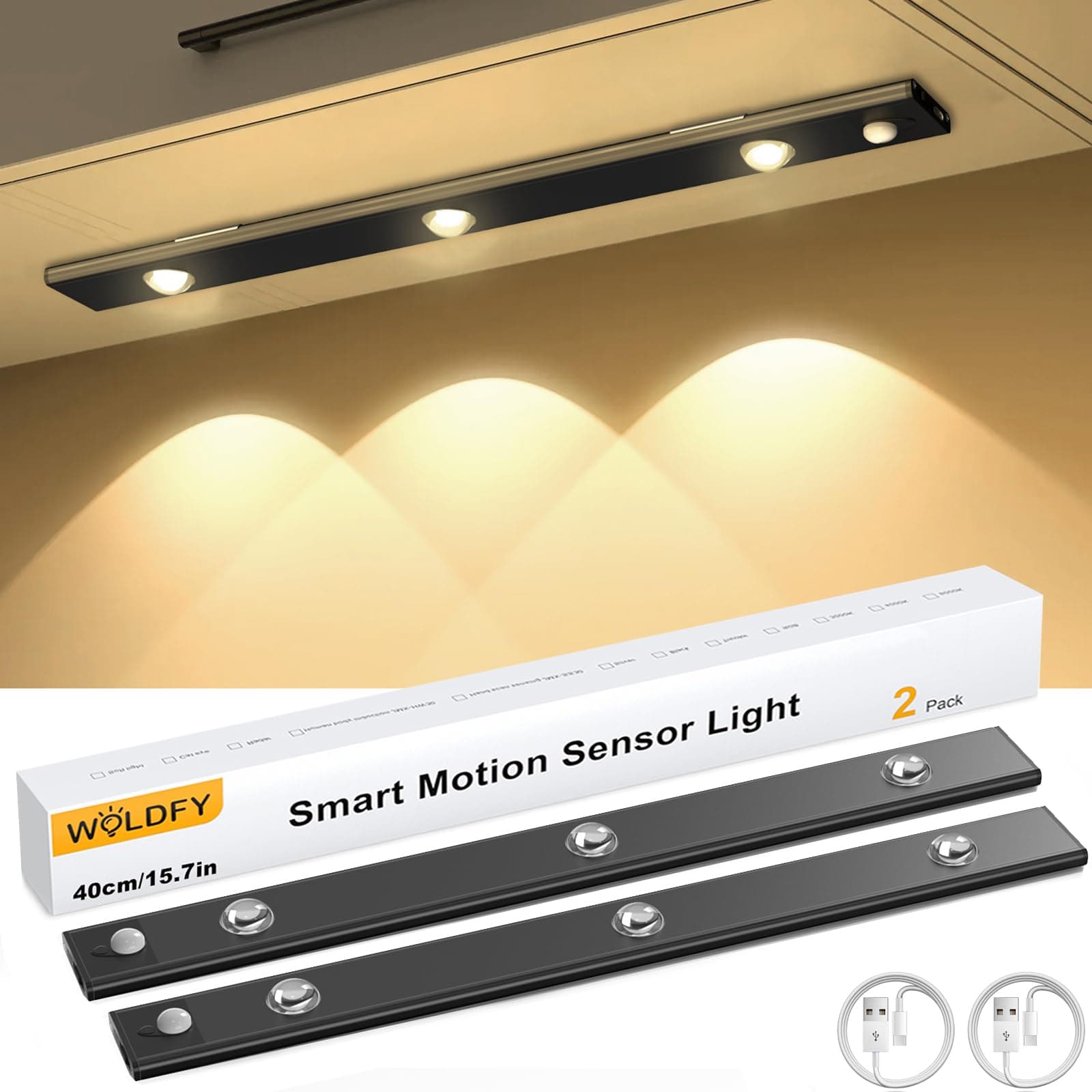 3 Color Tempers Dimmable Under Cabinet Lights Wireless[2 Pack], Rechargeable LED Motion Sensor Lighting Indoor, Magnetic Closet Lights (Black-2000mAh-15.7in)