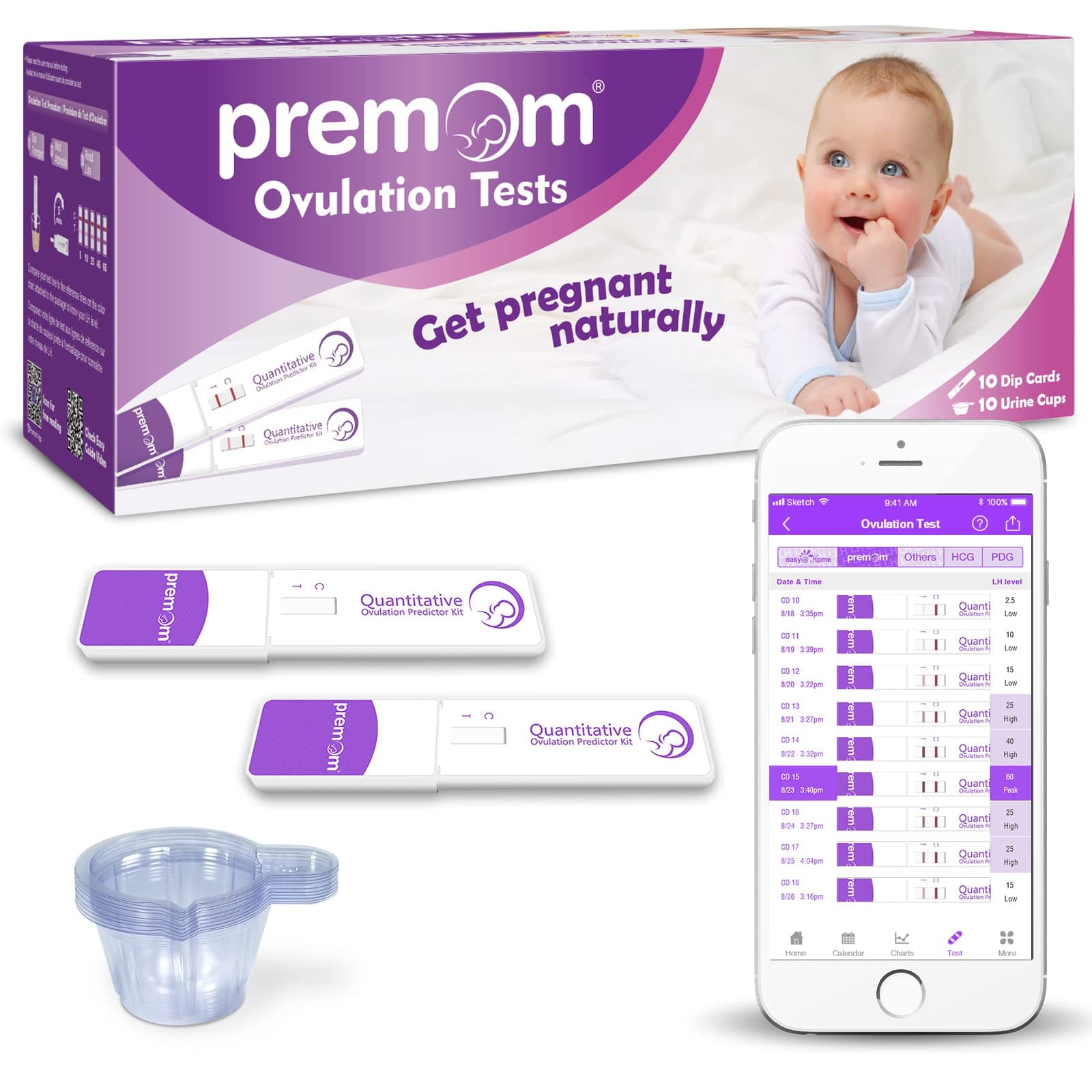 Premom Quantitative Ovulation Test Dip Card, Ovulation Predictor Kit with Digital Ovulation Reader APP, Numerical Ovulation Tests, 10 Free Urine Cups Included,10 LH Tests