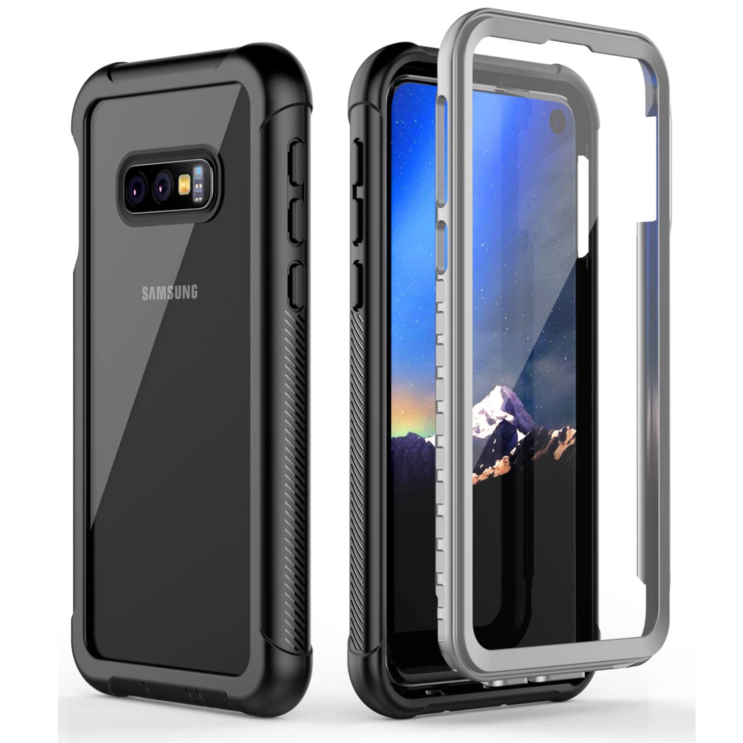 Singdo Case Compatible with Samsung Galaxy S10E Case, Built-in Screen Protector Cover Full-body Rugged Clear Bumper Case (Black/Clear)
