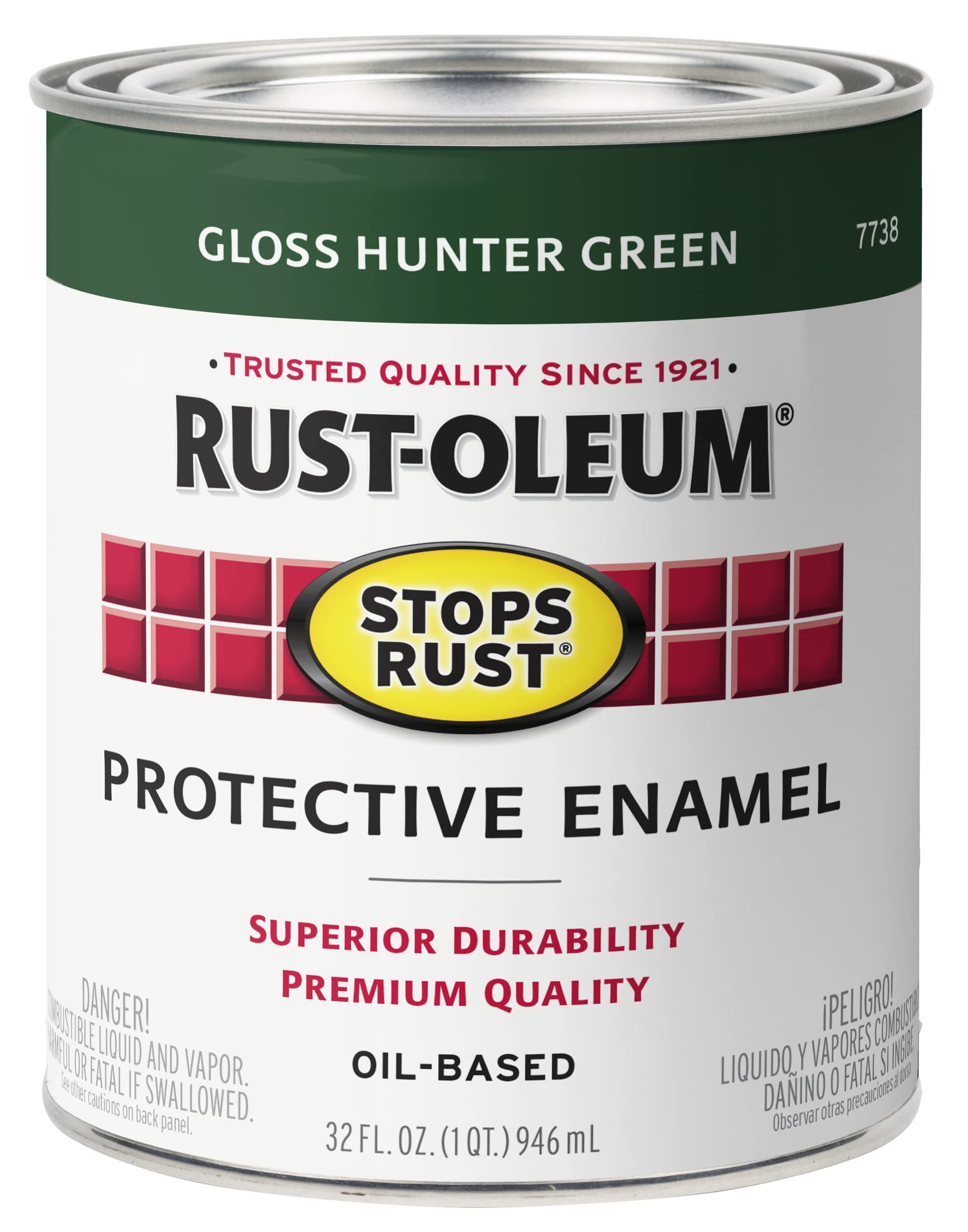 Rust-Oleum 7738502 Stops Rust Brush On Paint, Quart, Gloss Hunter Green, (Pack of 1)