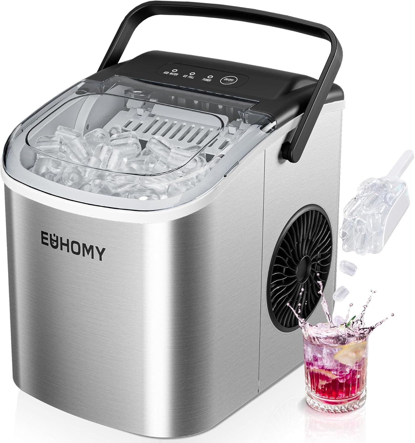 EUHOMY Countertop Ice Maker Machine with Handle, 26 lbs in 24 Hours, 9 Ice Cubes Ready in 6 Minutes, Auto-Cleaning Portable Ice Maker with Basketball and Scoop, for Home/Kitchen/Camping/RV (Silver)