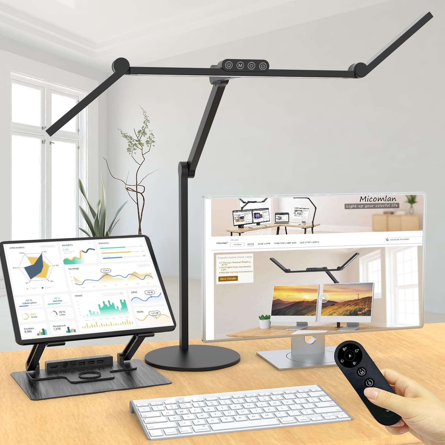 Architect Desk Lamp with Remote Control, Adjustable Led Desk Light for Home Office with Base, 24W Bright Auto Dimming Table Light Rotatable Office Lamp with Swing Arm for Computer Cafting