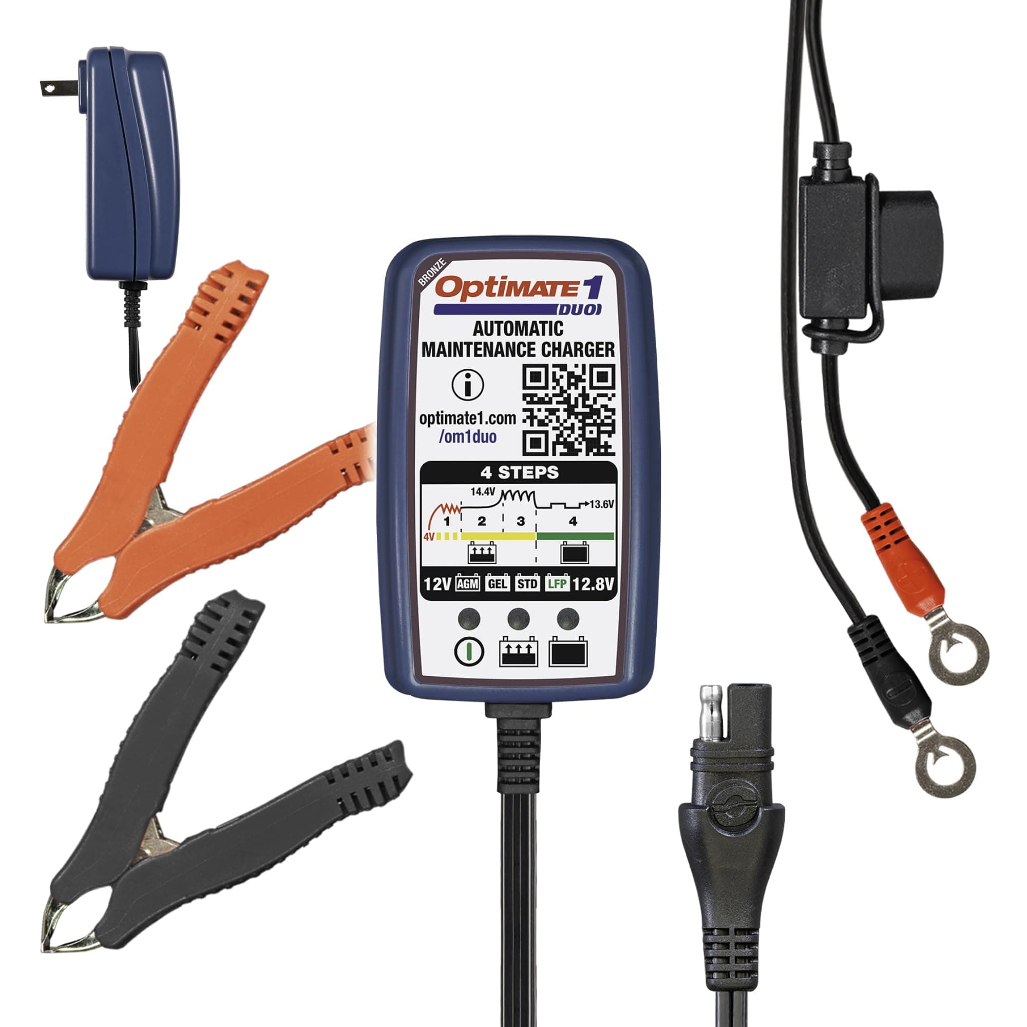TecMate Optimate 1 Duo, TM-409, 4-Step 12V / 12.8V 0.6A Battery Charger & maintainer