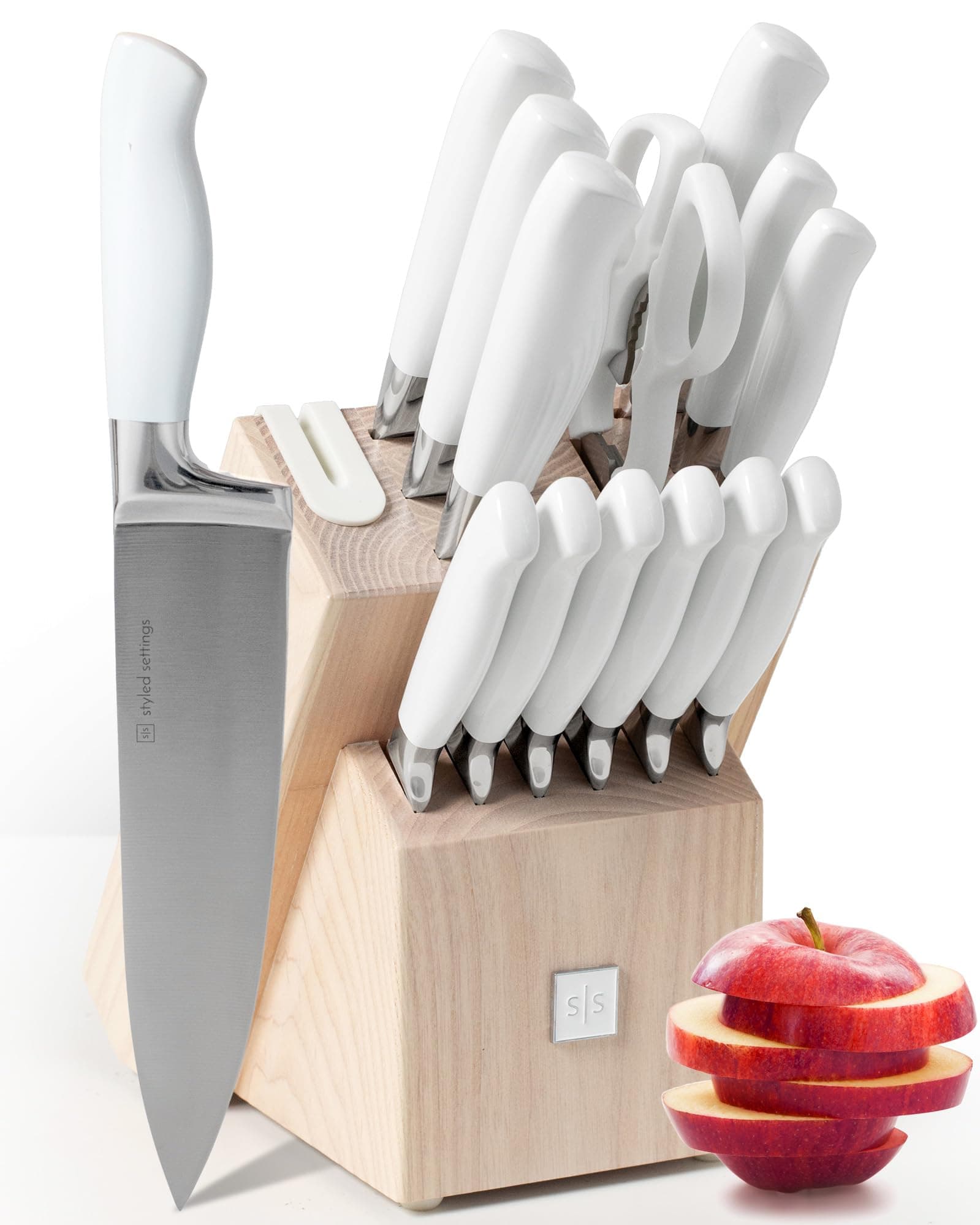 Styled Settings White Knife Set with Block and Sharpener – 14-Piece High Carbon Stainless Steel Knives with Ashwood Block and Built-In Sharpener – Durable White Kitchen Accessories for Cooking