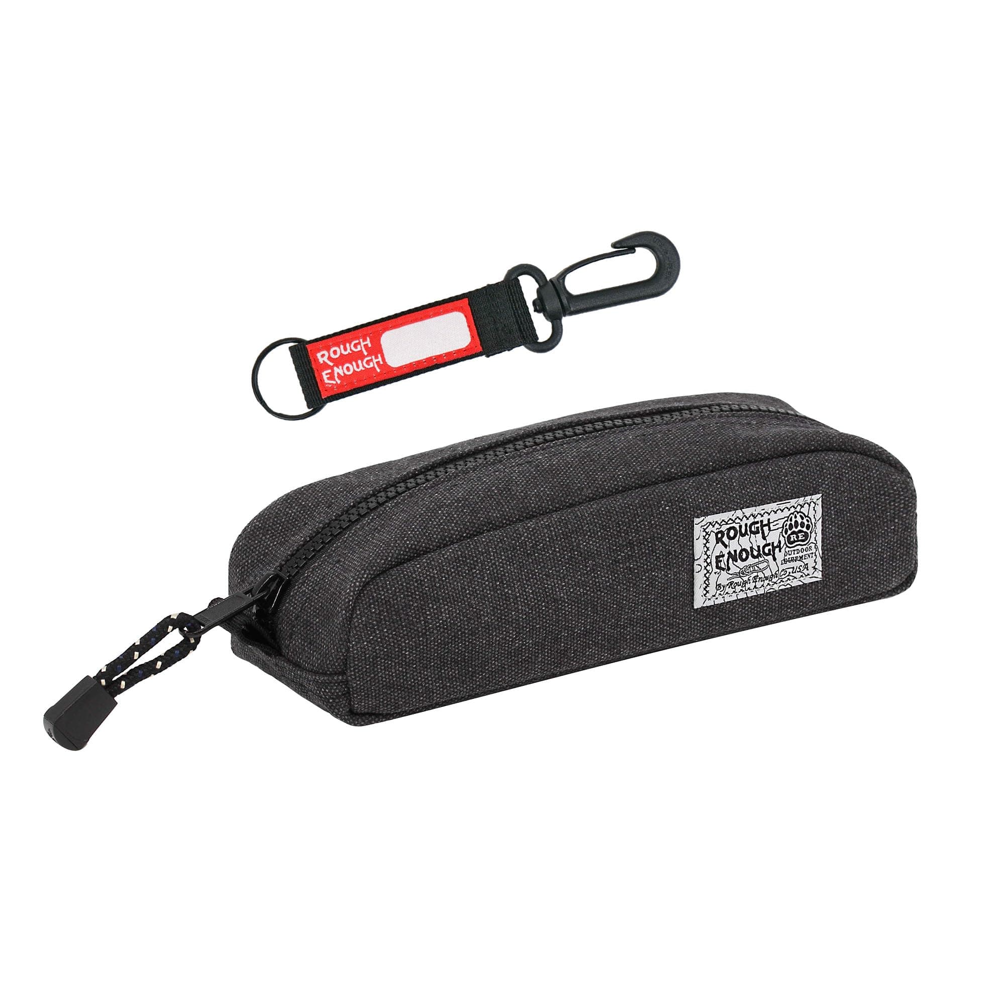 Rough Enough Small Pencil Pouch Pen Case Bag Canvas Stationary Supplies for Student Girls Boys Adults School Office with Detachable Keychian Black