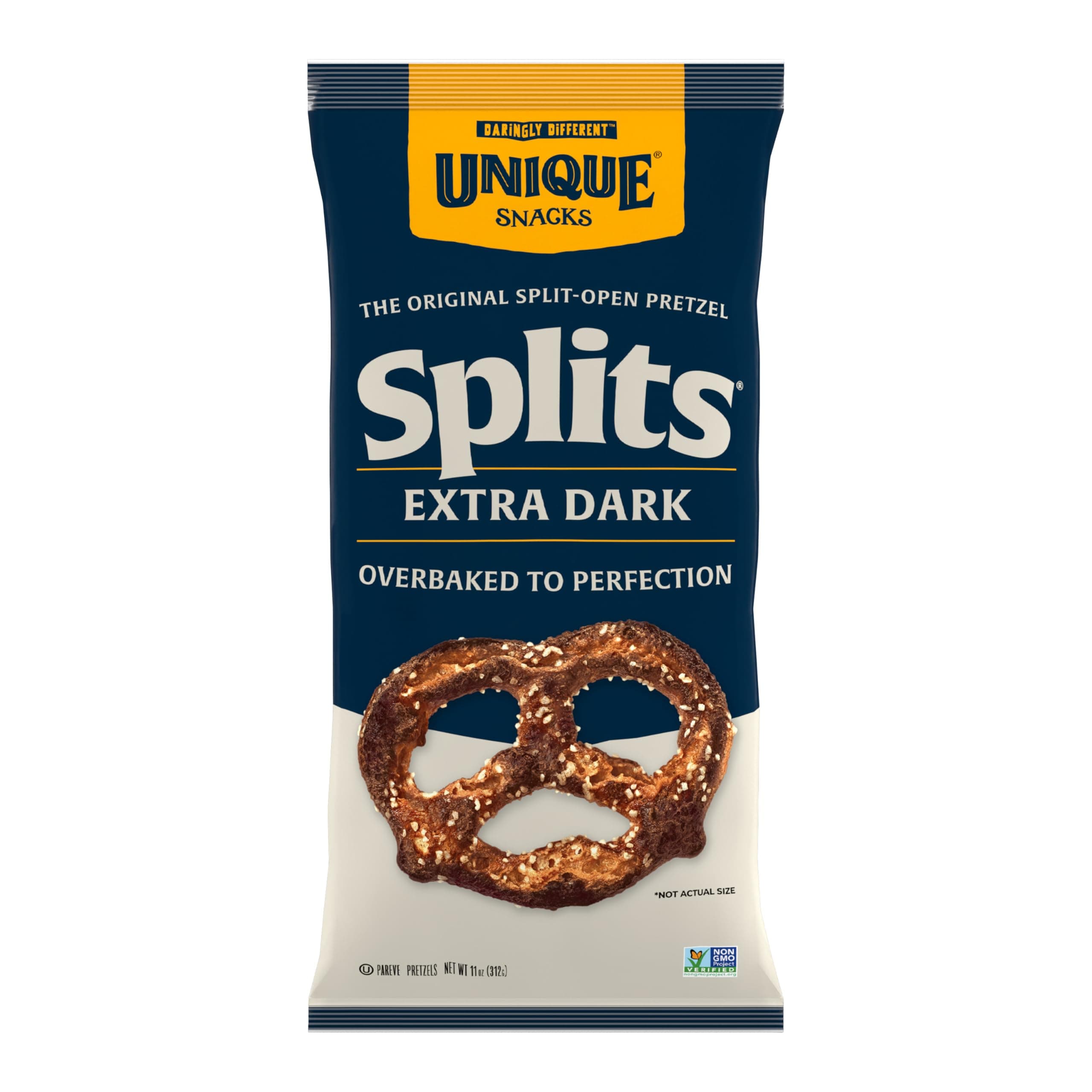 Unique Snacks Extra Dark Splits Pretzels, Original Split-Open Pretzels, Delicious Homestyle Baked Snack Bag, Vegan, OU Kosher, and Non-GMO Food, No Artificial Flavor, 11 Oz. Bag, Pack of 12