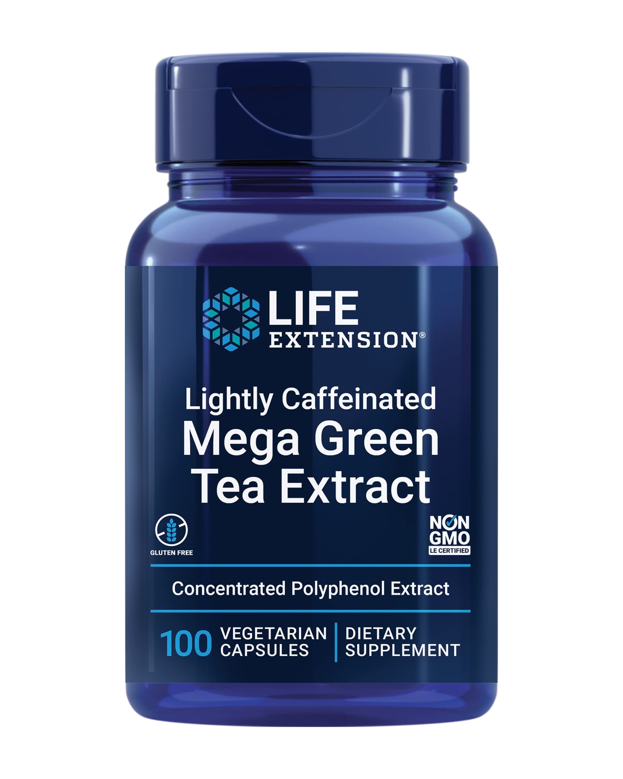 Life Extension Lightly Caffeinated Mega Green Tea Extract, Camellia sinensis Extract with Concentrated EGCG polyphenol Content, Gluten-Free, Non-GMO, Vegetarian, 100 Capsules