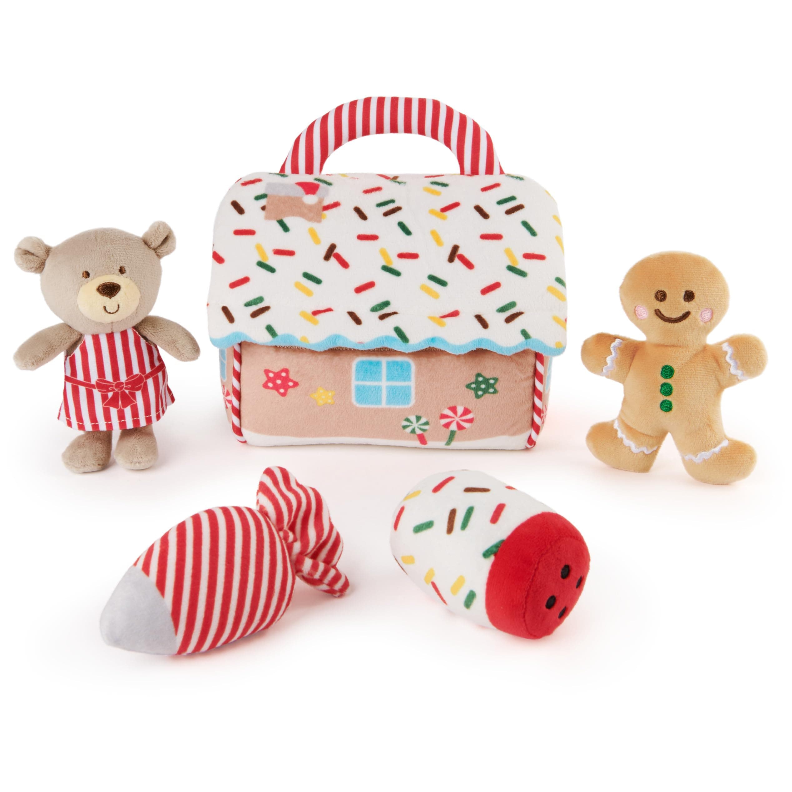 GUND Baby Play Soft Collection, My First Gingerbread House 5-Piece Playset with Rattle, Squeaker and Crinkle Plush Toys, Sensory Toy for Babies, 7.5”
