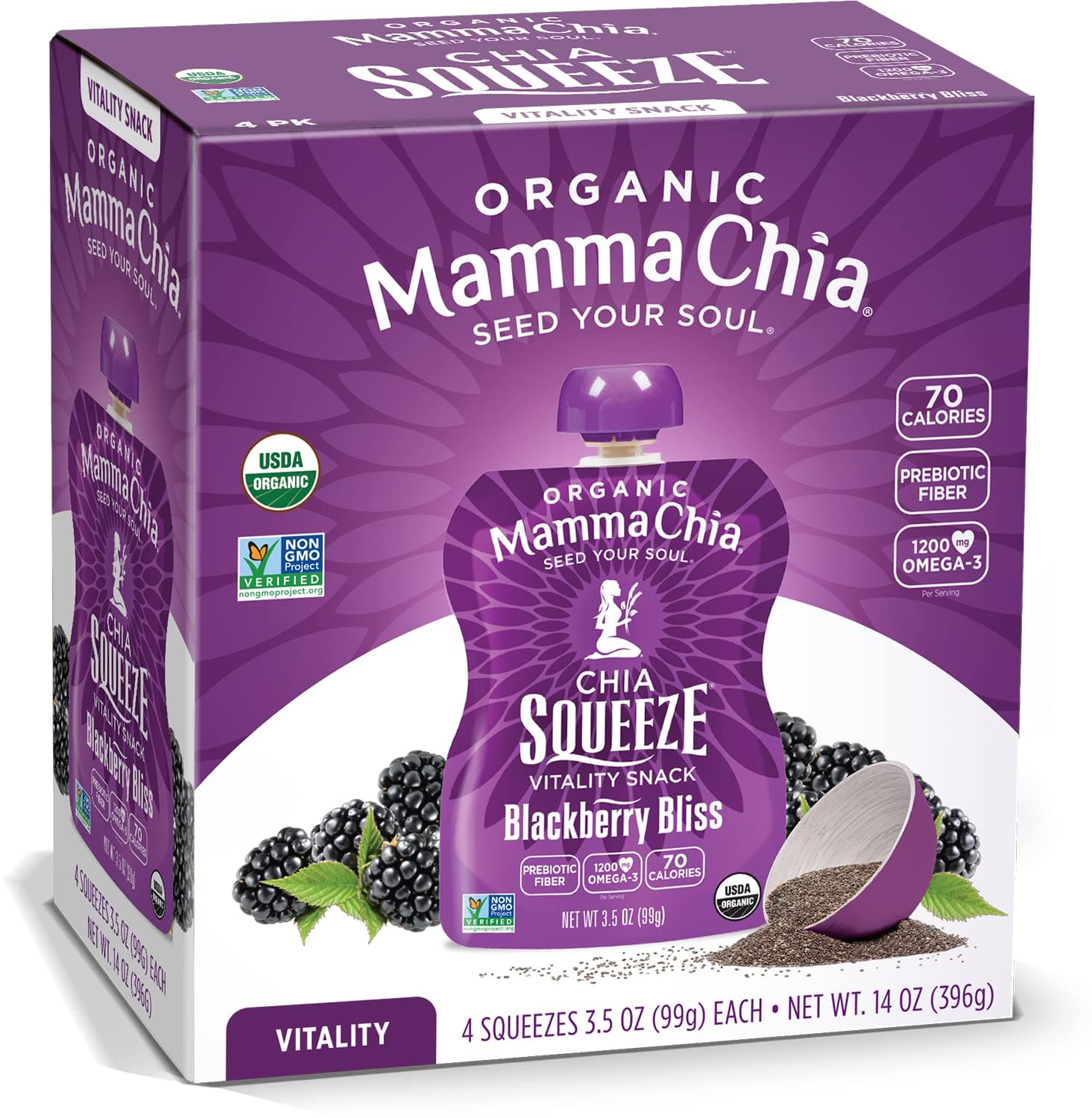 Organic Vitality Squeeze Snack, Blackberry Bliss, 24- 3.5 Ounce Chia Pouches. USDA Organic, Non-GMO, Vegan, Gluten Free, and Kosher. Fruit and Vegetables with only 70 Calories
