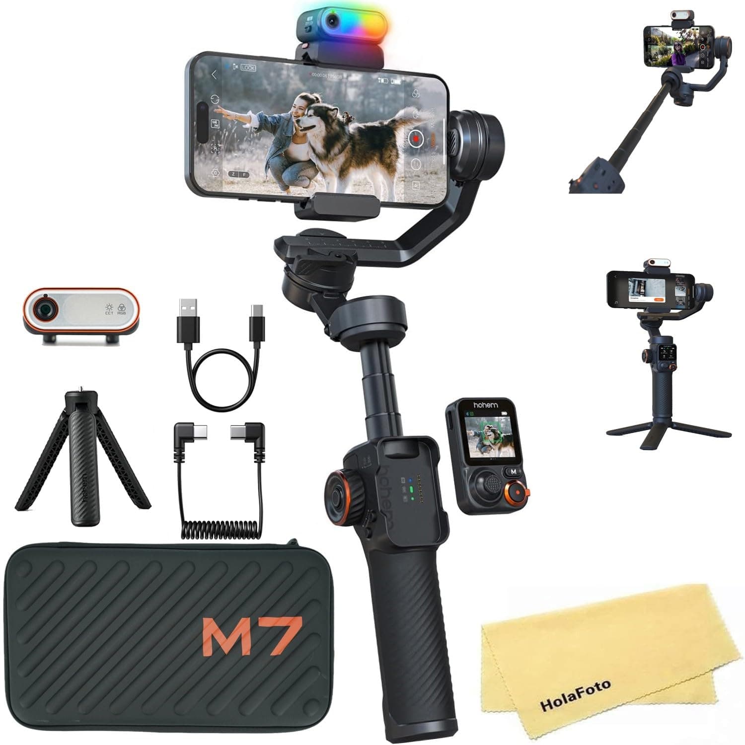 hohem iSteady M7 AI Tracking Gimbal Stabilizer for iPhone Android Smartphone,3-Axis Phone Gimbal with Fill Light and 1.4" Detachable Touchscreen Remote Control for YouTube TikTok Vlogging Travel