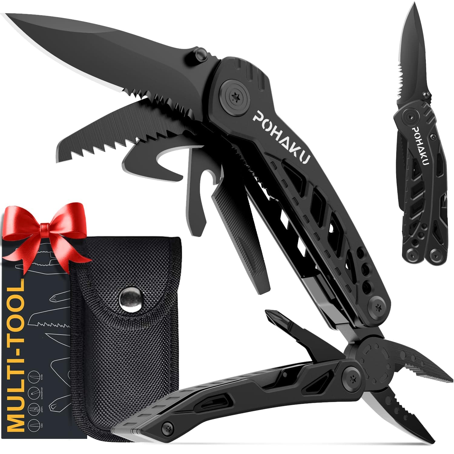 Multitool Knife, POHAKU 13 in 1 Portable Multifunctional Multi Tool with 3" Large Blade, Spring-Action Plier, Safety Locking Design, and Durable Pouch for Outdoor, Camping, Fishing, Survival and More