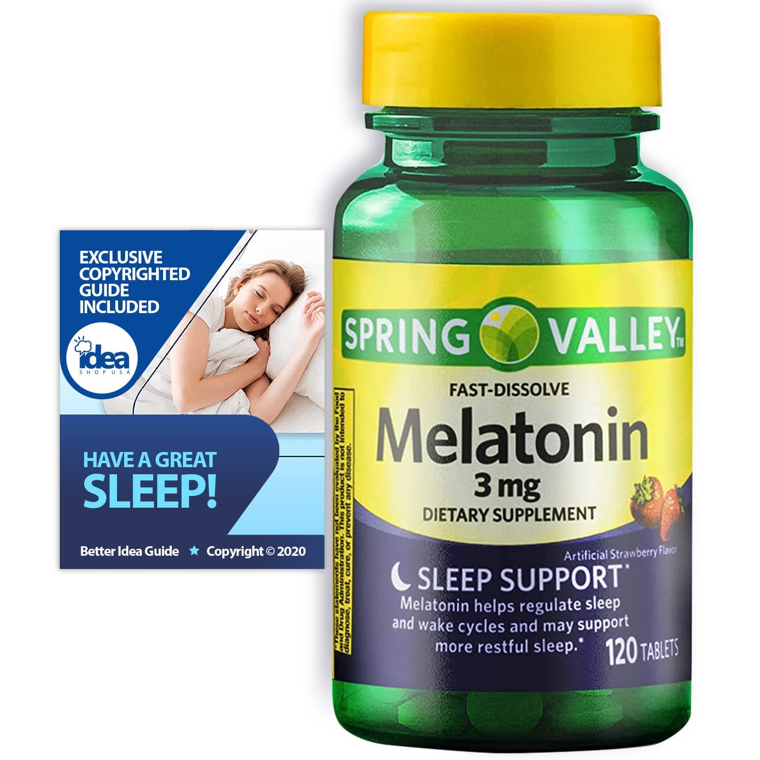 Melatonin Fast Dissolve Tablets, Sleep Support by Spring Valley, 3 mg, 120 Ct (1 Pack) + “Have a Great Sleep - Better Idea Guide©”