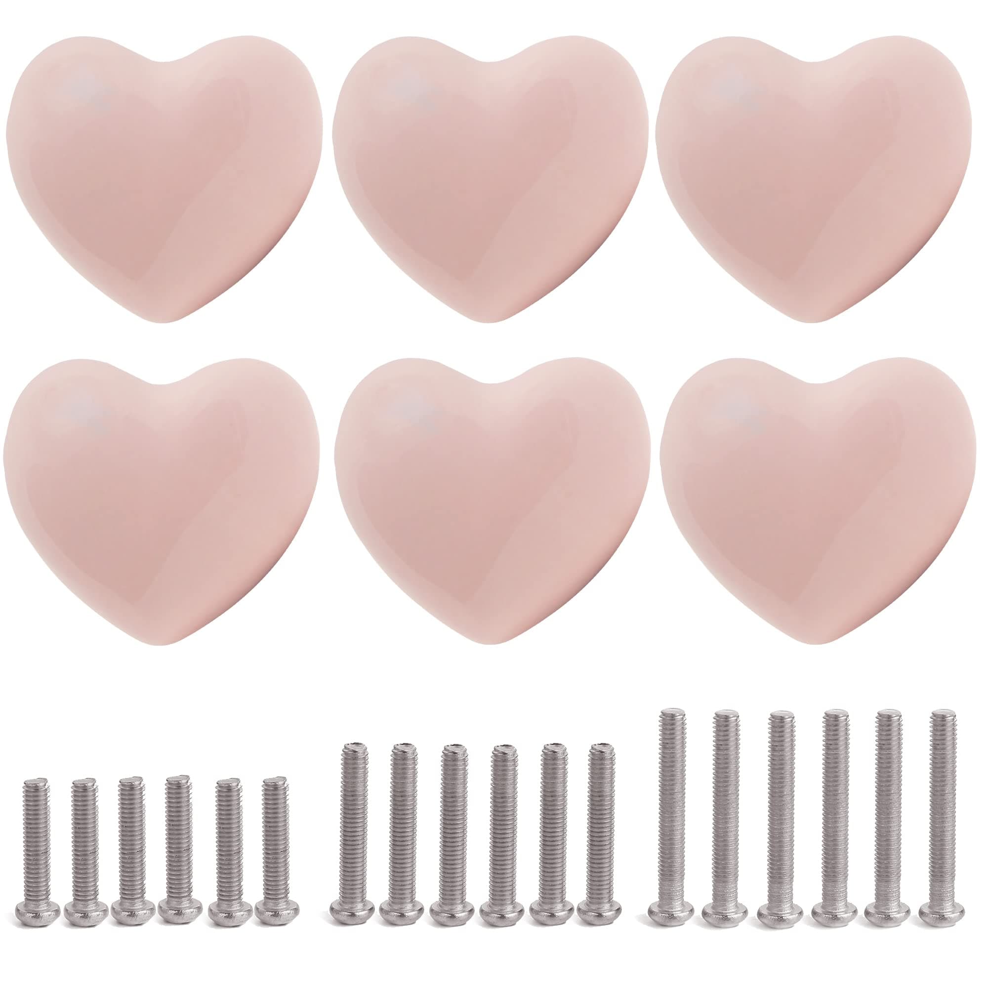 Ceramic Drawer Knobs Heart Shape Cabinet Dresser Pulls Handles with 3 Sized Screws, Kitchen Furniture Knobs for Closet Cupboard Wardrobe (6, Powder Pink)