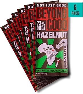 73% Cocoa Dark Chocolate with Hazelnuts | 6 Pack - Chocolate Bars | Direct Trade, Vegan, Kosher, Non-GMO | Single Origin Ugandan Chocolate