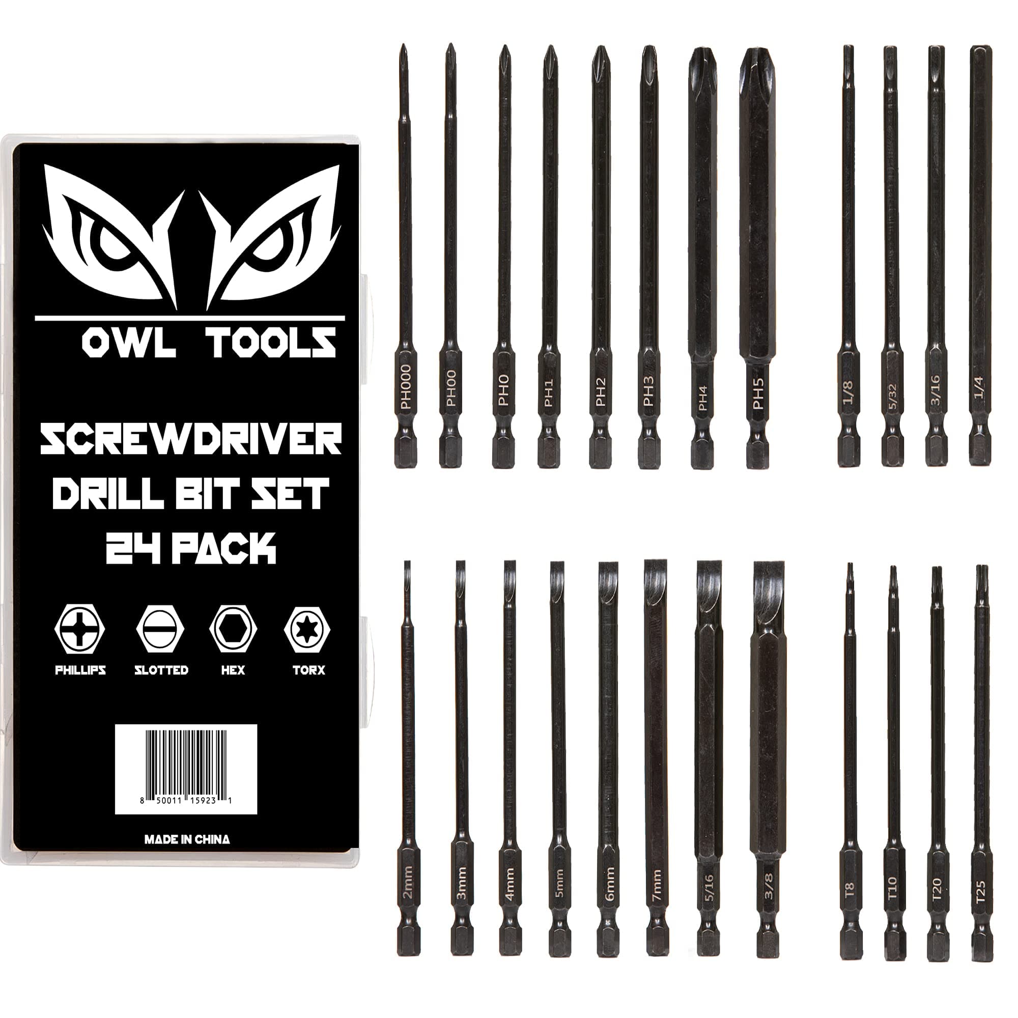 4" Long Screwdriver Drill Bit Set (24 Pack with Storage Case) Set Contains Phillip, Slotted, Hex (Allen), and Torx Bit Heads
