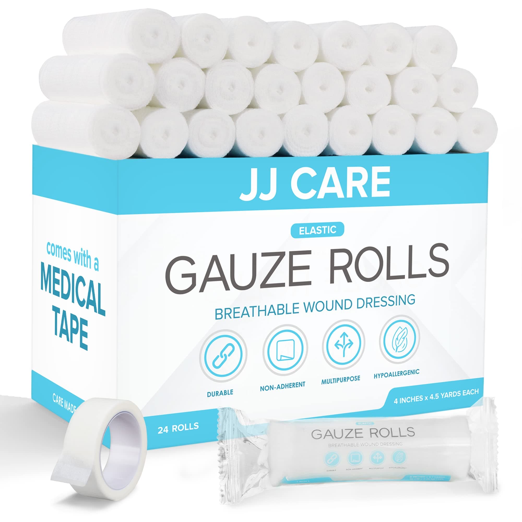 JJ CARE Gauze Rolls Pack of 24, Individually Wrapped Gauze Bandage Roll, with Bonus Medical Tape, 4 inches x 4.1 Yards Rolled Gauzes