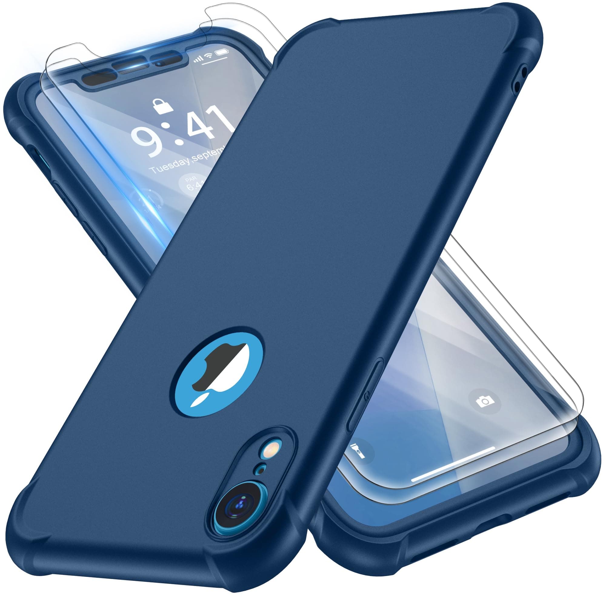 ORETECH for iPhone XR Case, with [2 Pack 9H Screen Protectors] [10 Ft Military Grade Drop Test] [Camera Protection] 360 Shockproof Ultra Thin Anti Scratch Hard PC Silicone Bumper Cover - Blue