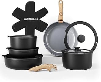 Country Kitchen Cookware Set with Removable Handle, Oven & RV Safe Pots and Pans Set, Black/Grey Wood Handle, Original