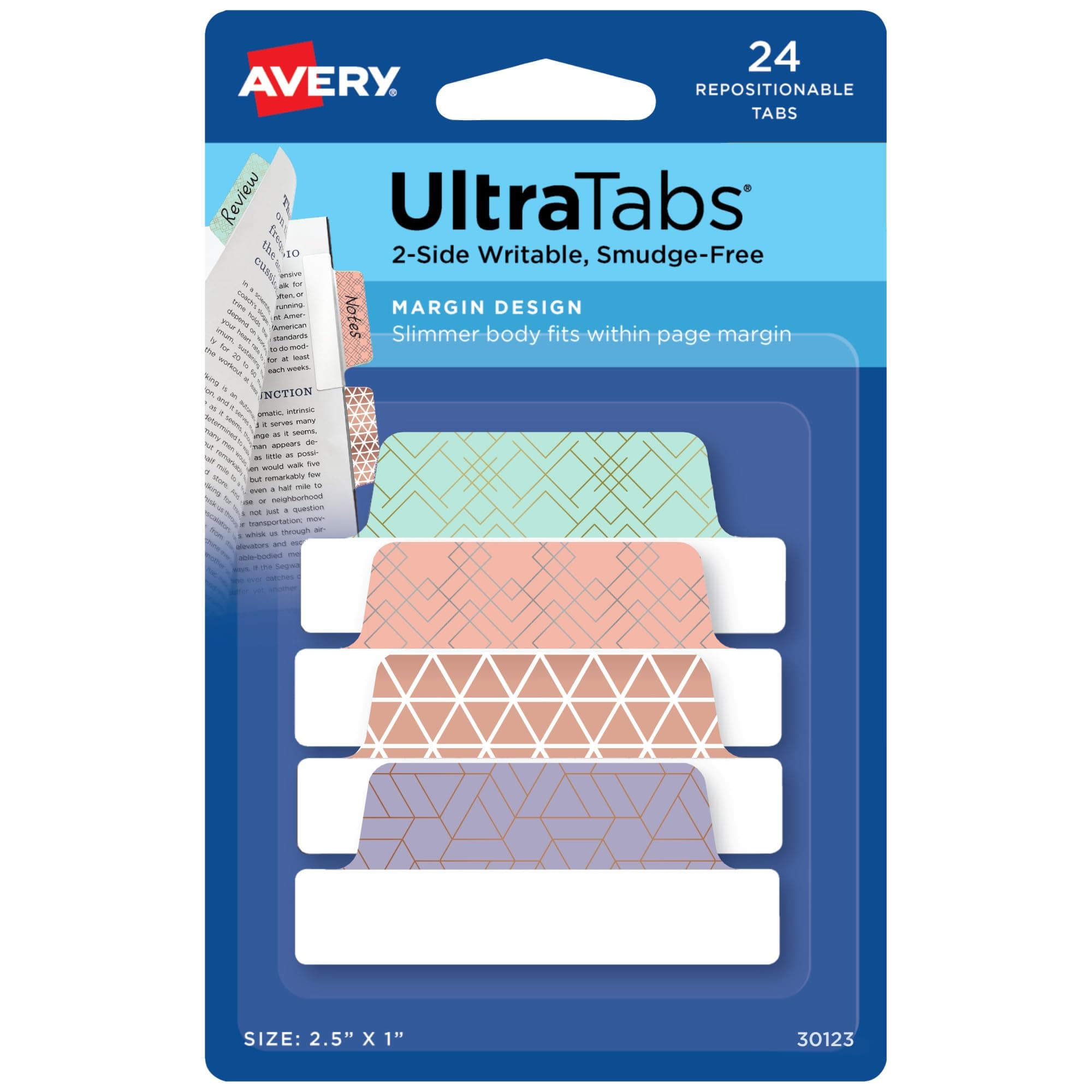 Avery Margin Ultra Tabs, 2.5" x 1", Assorted Metallic Geometric Designs, 24 Repositionable Page Tabs (30123)