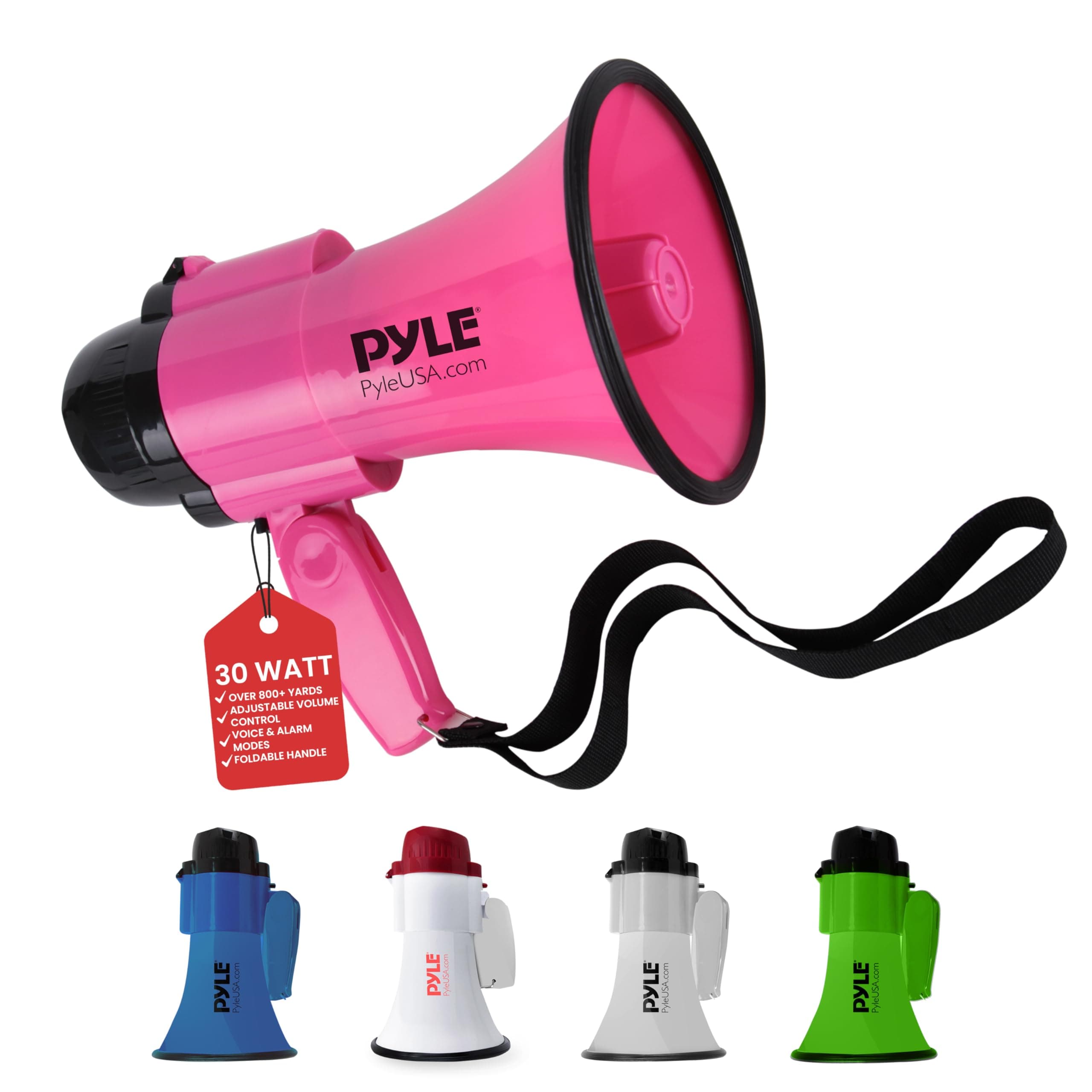 PYLE Megaphone Maximum Output 30 W Loudspeaker: Siren Function, Audio Reaches Up to 2654.3 ft (750 m), Ultra Lightweight, Carrying Belt, AUX Compatible, Battery Operated