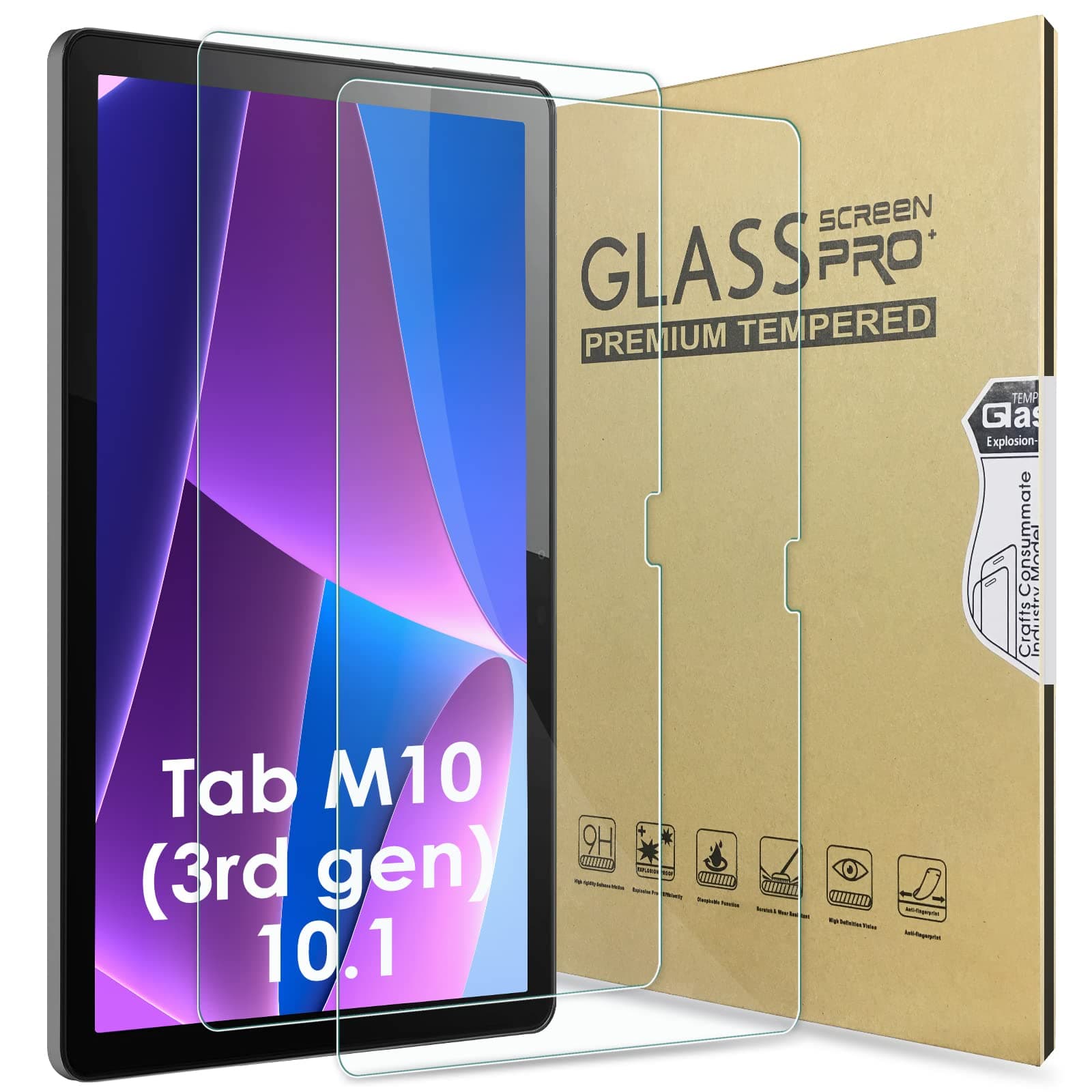 2 Pack Screen Protector Compatible with Lenovo Tab M10 3rd Gen 10.1", 9H Hardness Tempered Glass Film Clear Anti-Bubble Full Coverage foil