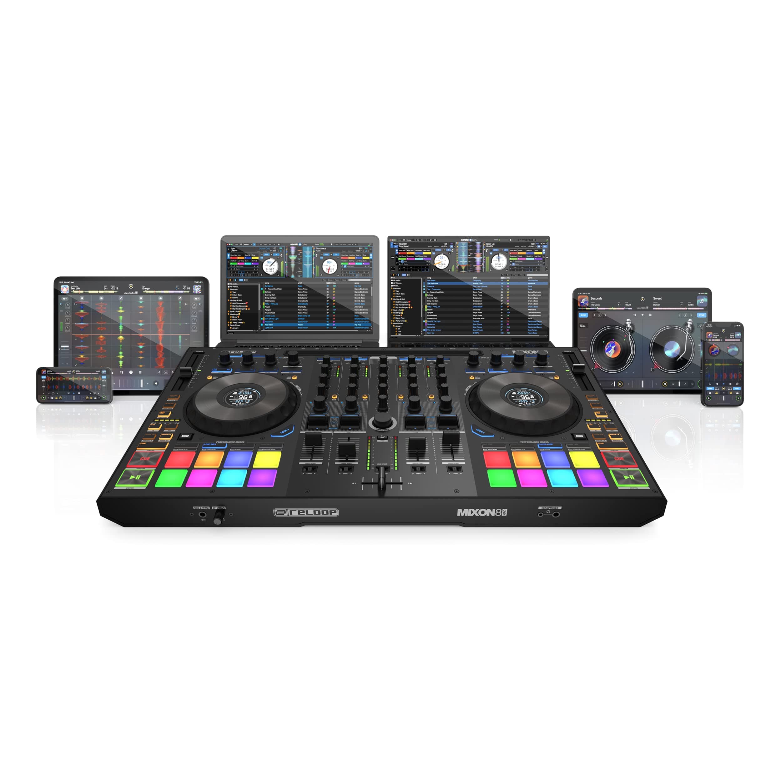 Reloop Mixon 8 Pro 4-Channel Multi-Platform Performance Controller for Serato & DJAY, Jogwheel Displays & 4 Instant FX Toggle Switches, Dual Audio Interface with USB-C & Stand-Alone Mixing
