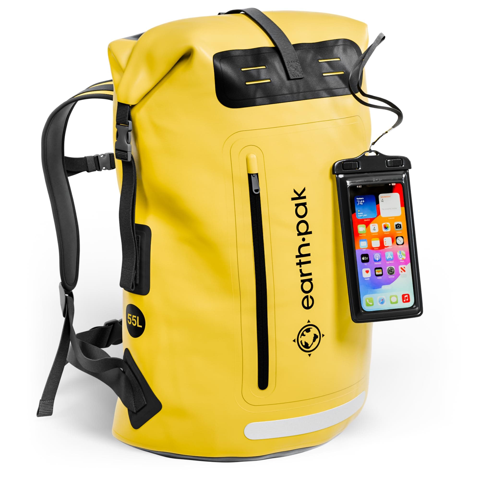 Waterproof Backpack with Roll-Top Closure, Front Pocket, Cushioned Back Panel & Phone Case (Yellow, 55L)