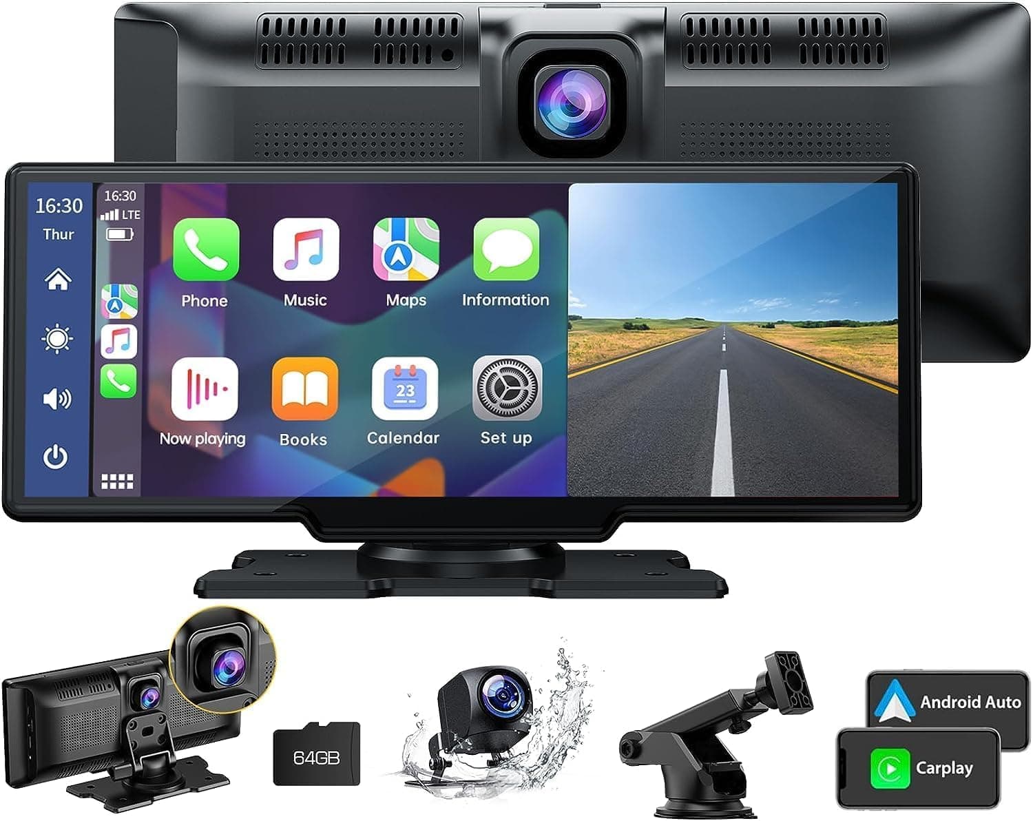 LAMTTO 9.26" Wireless Carplay and Android Auto with 2.5K Dash Cam, 1080P Backup Camera, Portable Touchscreen GPS Navigation for Car, Car Stereo Receiver with Bluetooth,AirPlay,AUX,FM,Googel,Siri