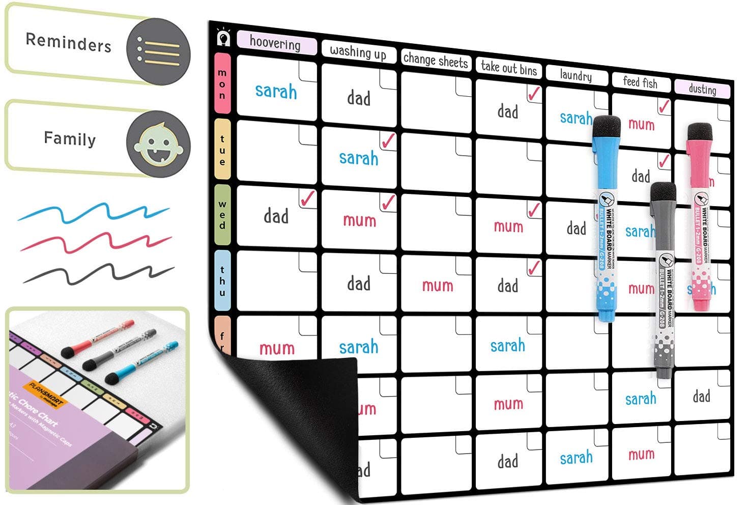 A3 Magnetic Dry Wipe Chore Chart Whiteboard *Colour Version* - Weekly Task/Family Organiser Board by Plan Smart - Bonus: 3 Quality Dry Erase Markers with Eraser Included