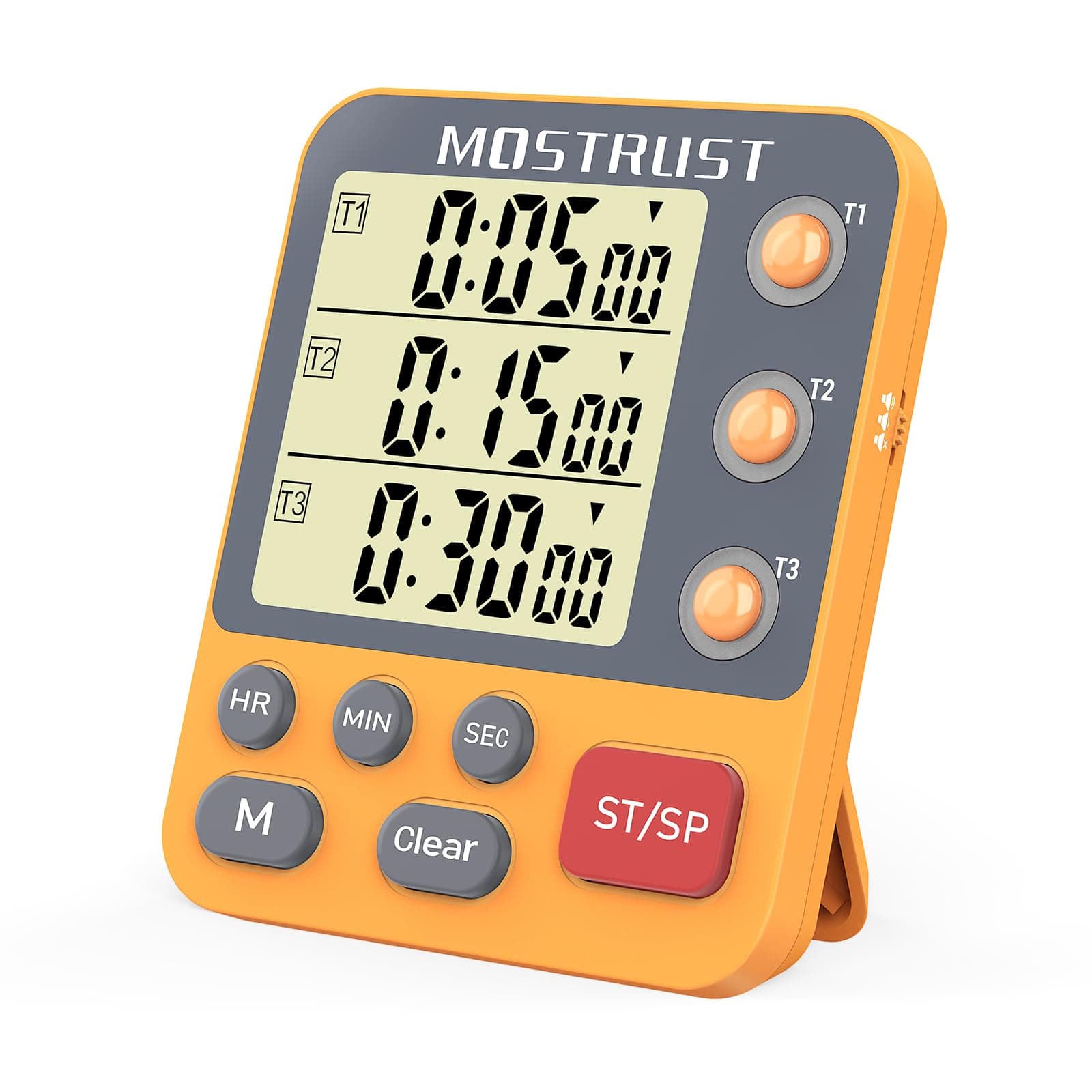 Digital Dual Kitchen Timer, 3 Channels Countdown Triple Timer for Cooking, Magnetic Memory-Preset Large Display Adjustable Alarm Volume, Multi Times Management, 3A Battery Included, Orange