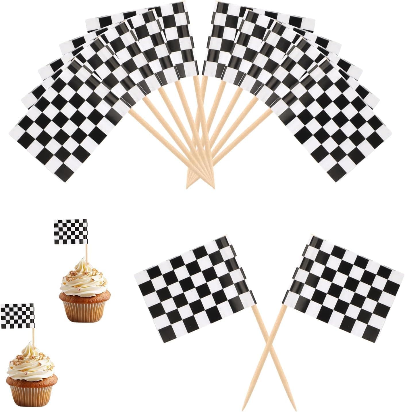 Excefore Checkered Racing Flag Toothpicks, 100 Pack Cupcake Picks Mini Stick Cupcake Toppers Dinner Flags Race Car Cake Toppers Decorations Party Supplies