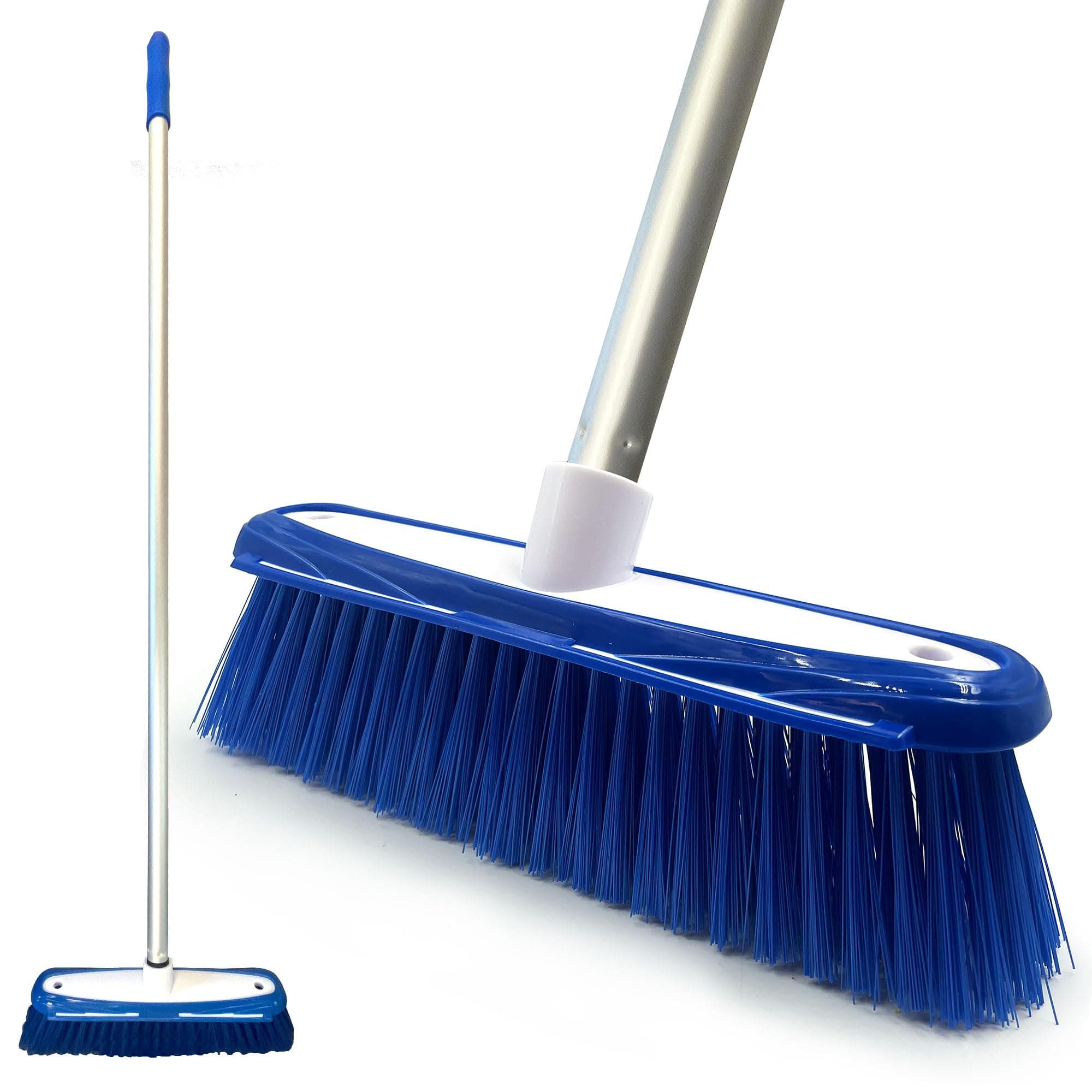 Colour-Coded Soft Broom Sweeping with Stainless Steel Handle Built-In Scraper, Long for Domestic Commercial Use (Blue), (104158H)