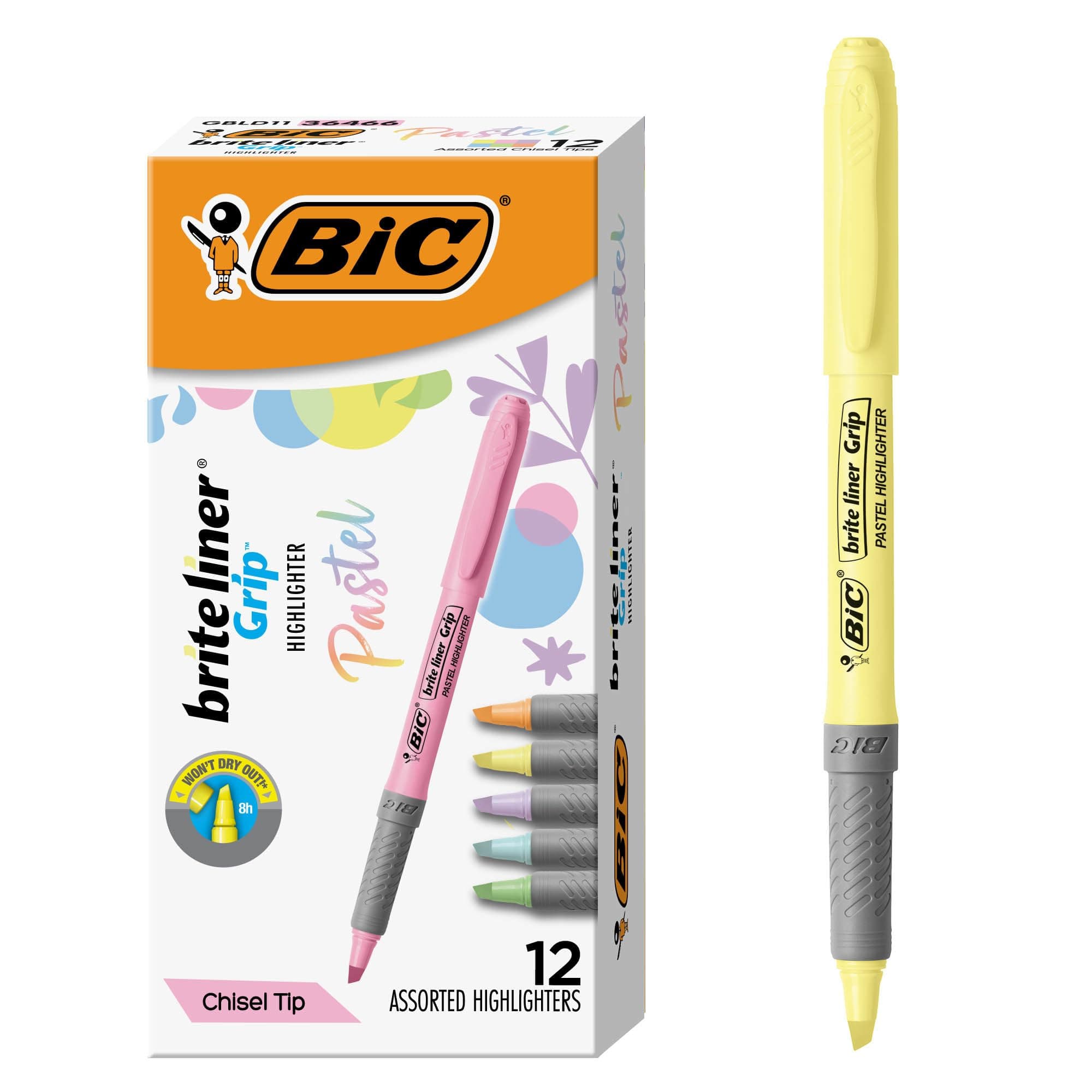Brite Liner Grip Pastel Highlighter Set, Chisel Tip, 12-Count Pack of Pastel Highlighters in Assorted Colors, Cute Highlighters for Bullet Journaling, Note Taking and More