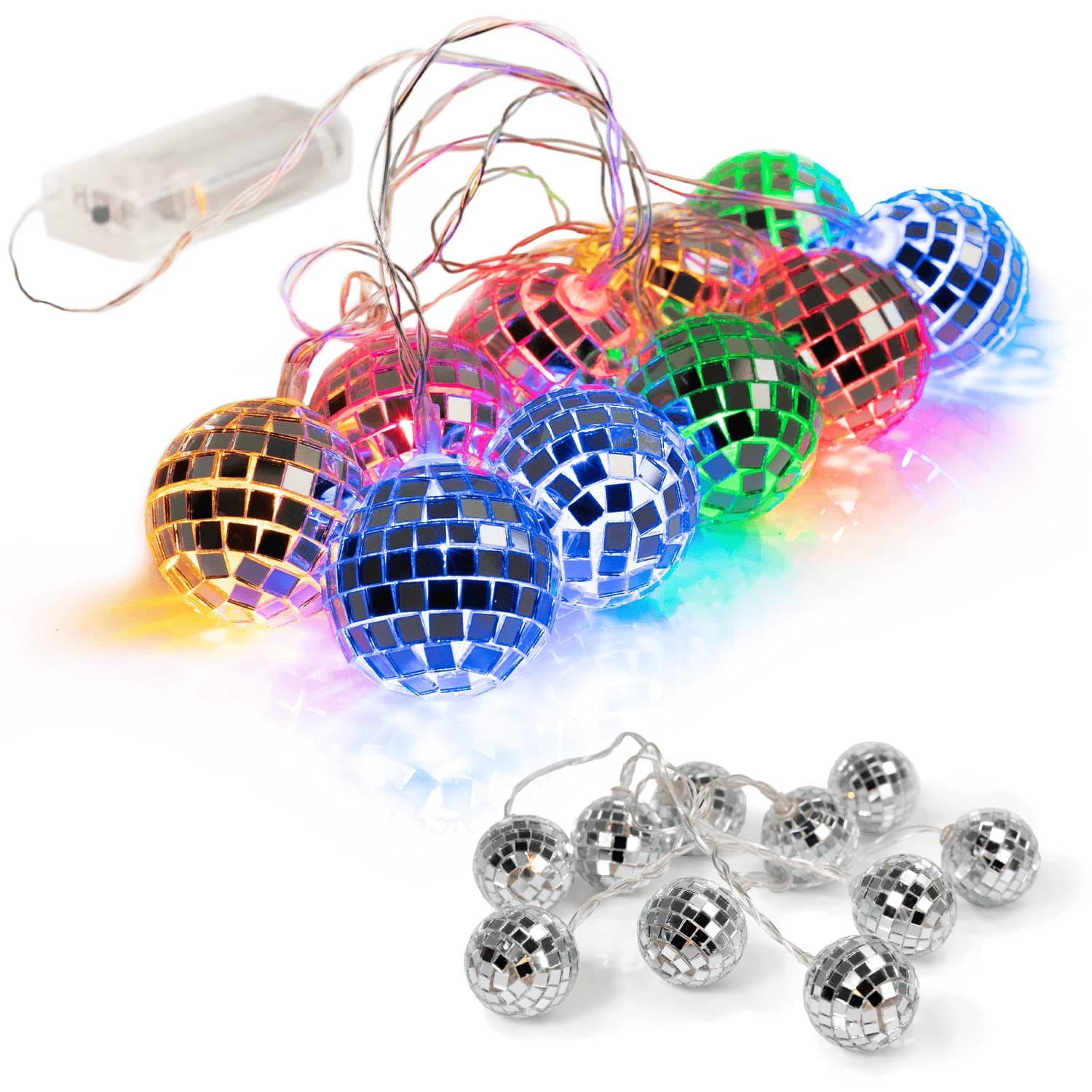 10 LED 2" Disco Balls String Lights 5.5ft, Battery Operated Portable Decorative Novelty Christmas Holiday Hanging Fairy Light Garland for Indoor/Outdoor, Silver Mirror/Colorful