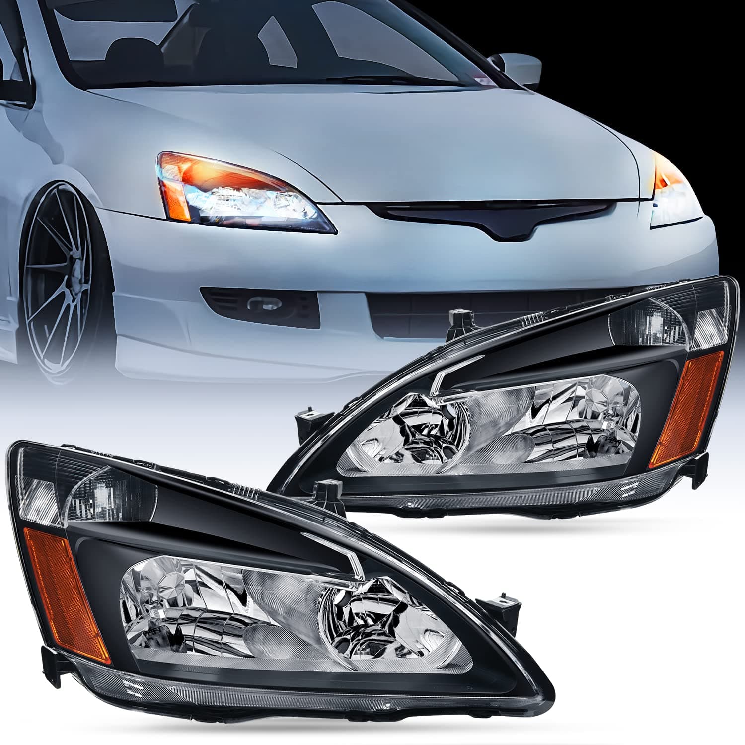 Headlight Assembly for 2003 2004 2005 2006 2007 Accord Replacement Headlamp Black Housing Amber Reflector, 2 Years Warranty