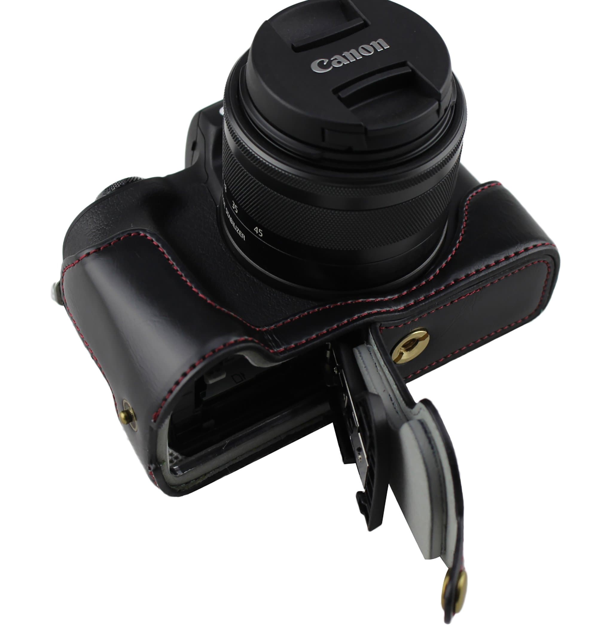 Bottom Opening Version Protective PU Leather Half Camera Case Bag for Canon EOS M50 with Hand Strap Black