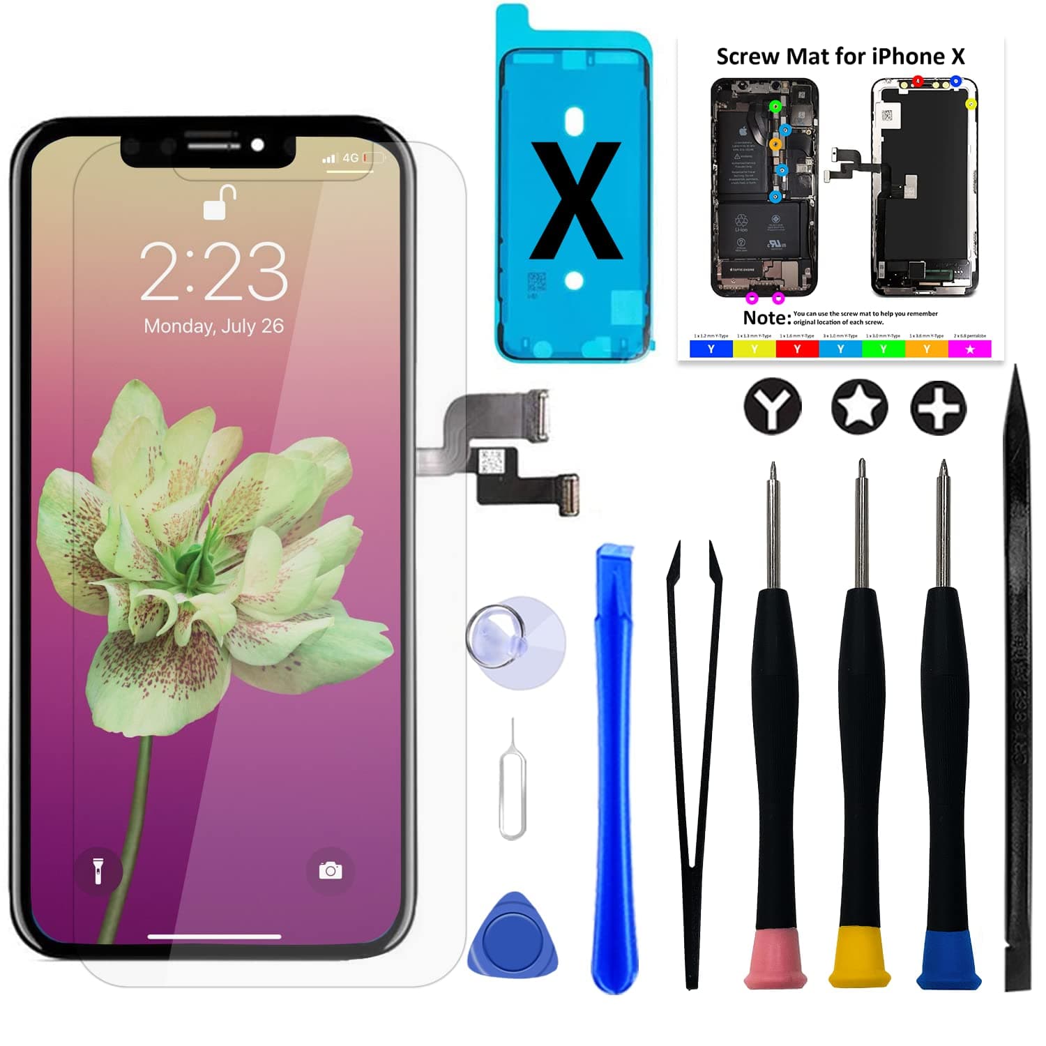 Brinonac for iPhone X OLED Screen Replacement Kit, 5.8 inch 3D Touch Screen Display Digitizer Frame Assembly Set with Repair Tools and Tempered Glass Protector