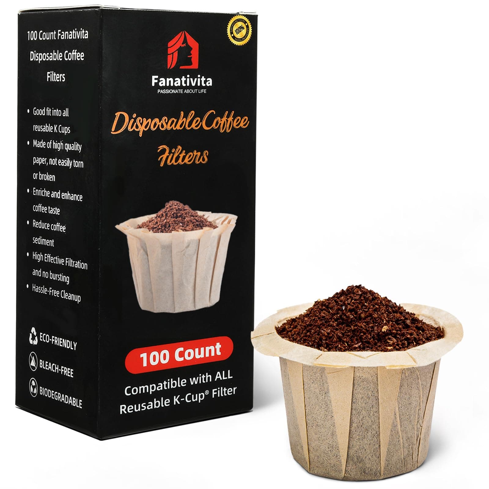 100 Count Fanativita K Cup Coffee Filters Disposable for Keurig Single Cup, Compatible with All Reusable K Cups (Unbleached)