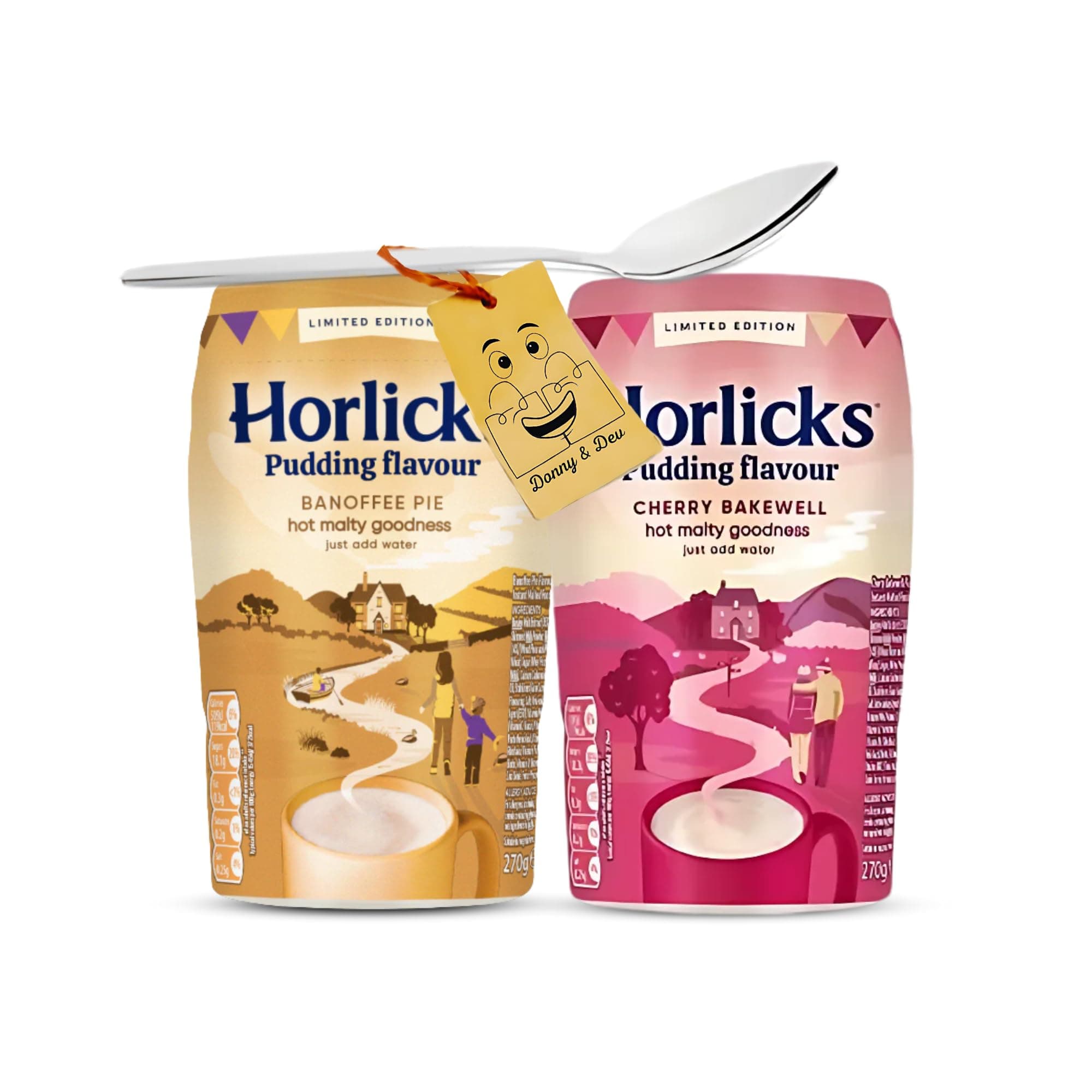 Instant Drink Bundle Which Includes: Horlicks Instant Malted Drinks Pudding Flavour (270g of each) 1x Banoffee Pie 1x Cherry Bakewell Malted Milk Powder & Little Spoon by Donny & Dev