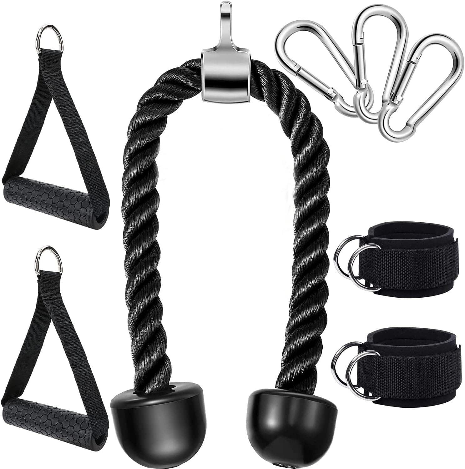 Joyzzz Tricep Rope Cable Machine Attachment, 2 Cable Handles, 3 Carabiner clips and 2 Ankle Straps, Nylon Home Gym Accessories, Triceps Pull Down Rope, for Arm Strength, Workout Training