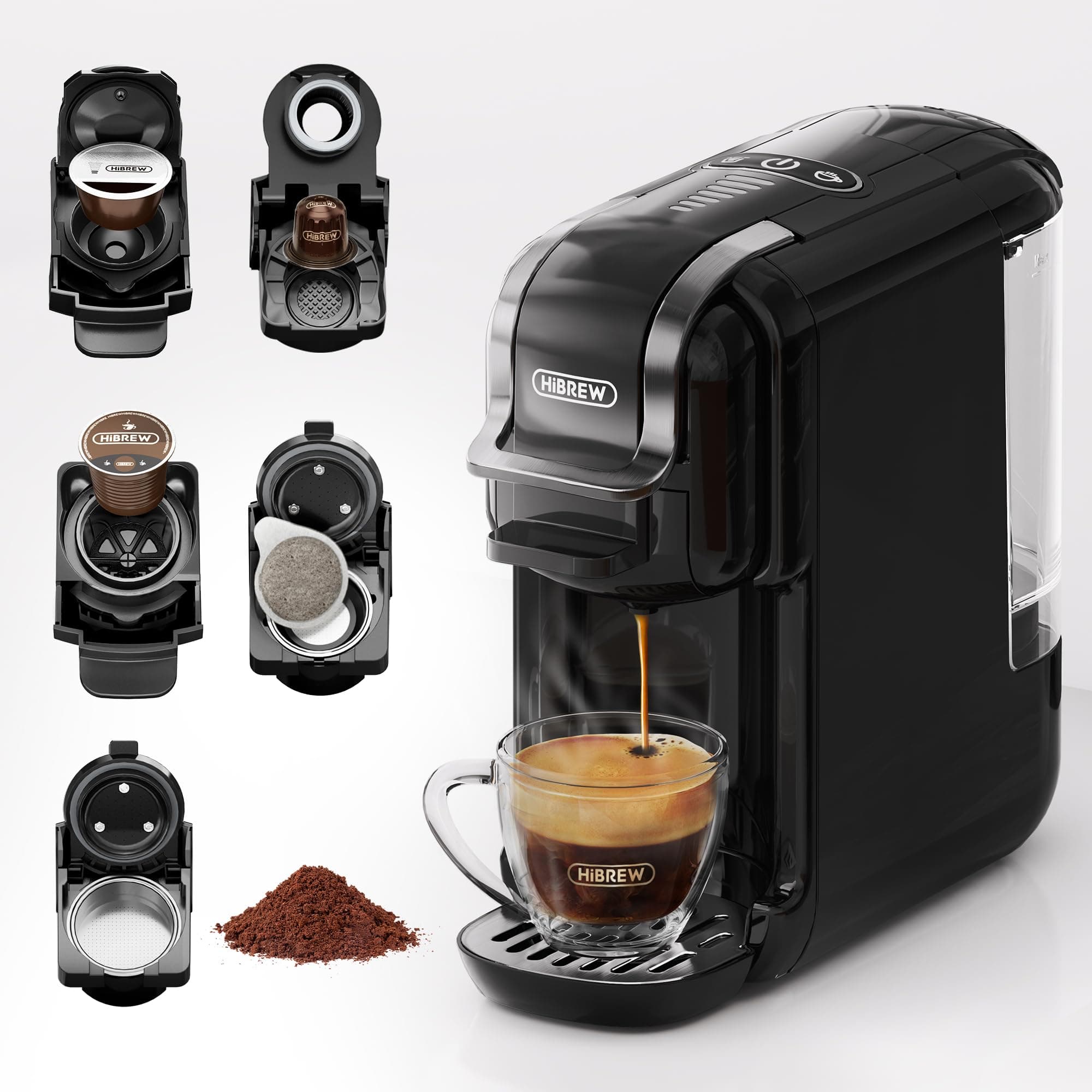 HIBREW H2B 5-in-1 Pod Coffee Maker - Compatible With 4 Coffee Capsule as Well as Espresso Powder, Makes Iced Coffee, Espresso, Cappuccino, Long Black. Hotel Kitchen Coffee Machine