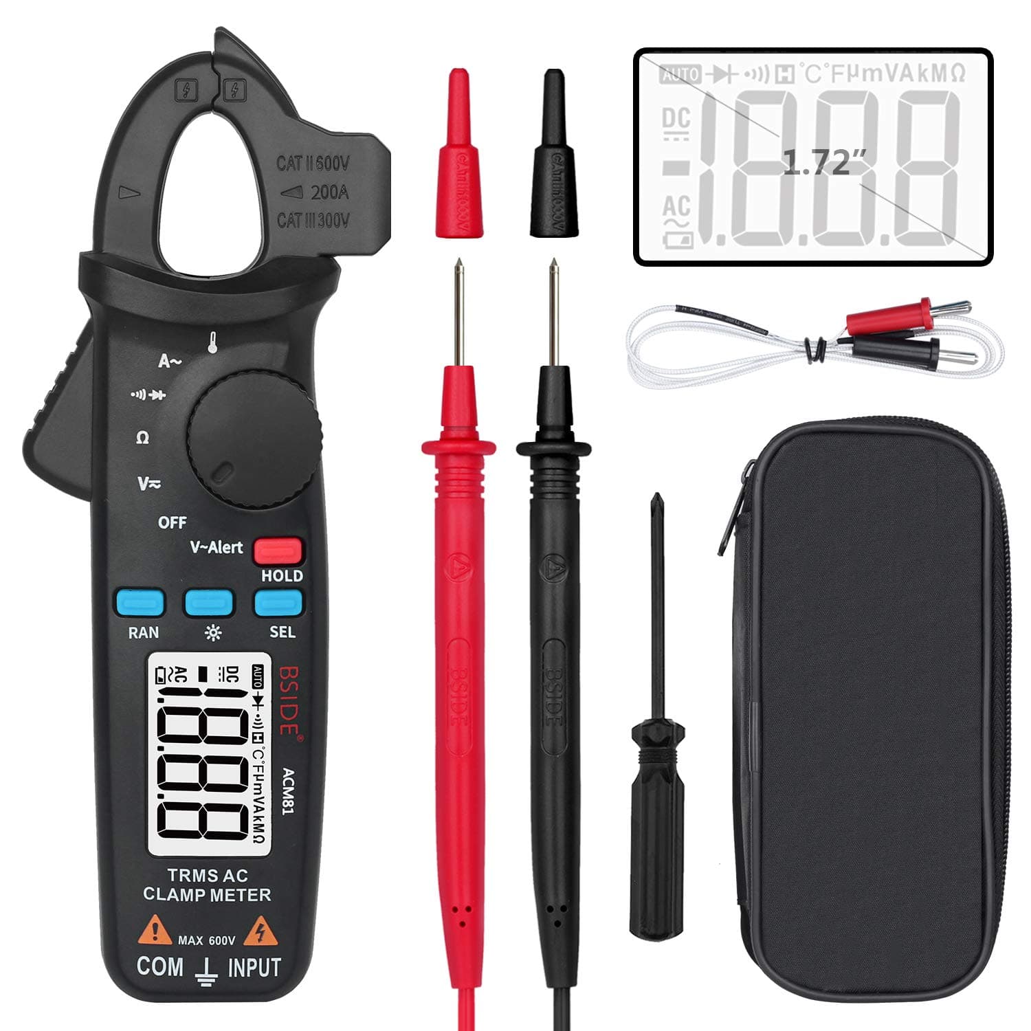 Bside 1mA Clamp Meter True Rms Auto Range Multimeter AC Current Temperature Diode Voltage V Alert Tester with Back Clip