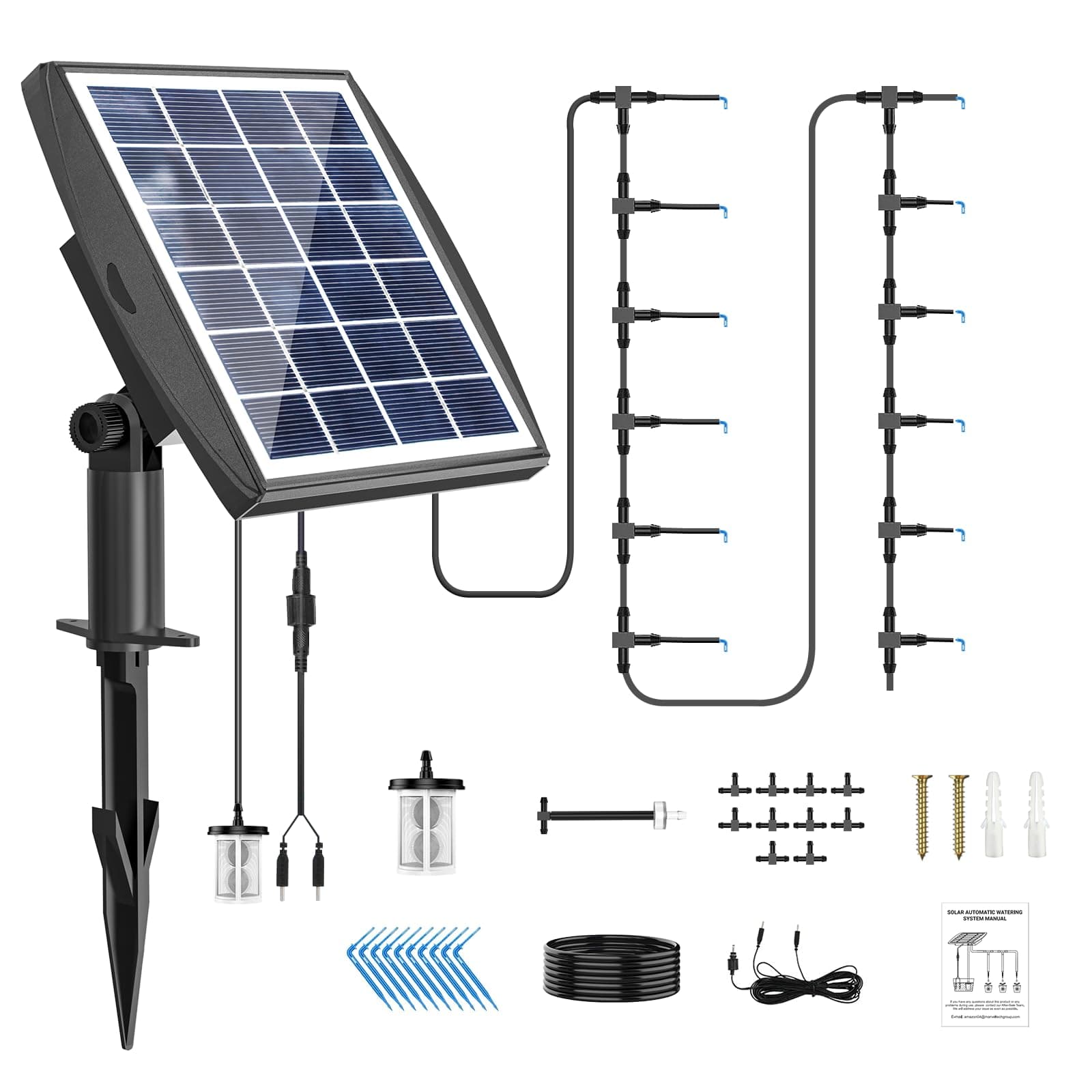 Solar Automatic Drip Irrigation Kit System, Solar Powered Auto Easy DIY Watering Device Supported Pots Plants, 6 Timing Modes with Anti-Siphoning Device (Supported 10-15 Pots, 6Timing Modes)