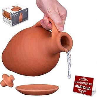 Hakan 51 oz (1.6 Qts) Natural Clay Water Pitcher Set | Unglazed Terracotta Carafe & Plate | Traditional Mud Jug | Pottery Jar for Drinking Water
