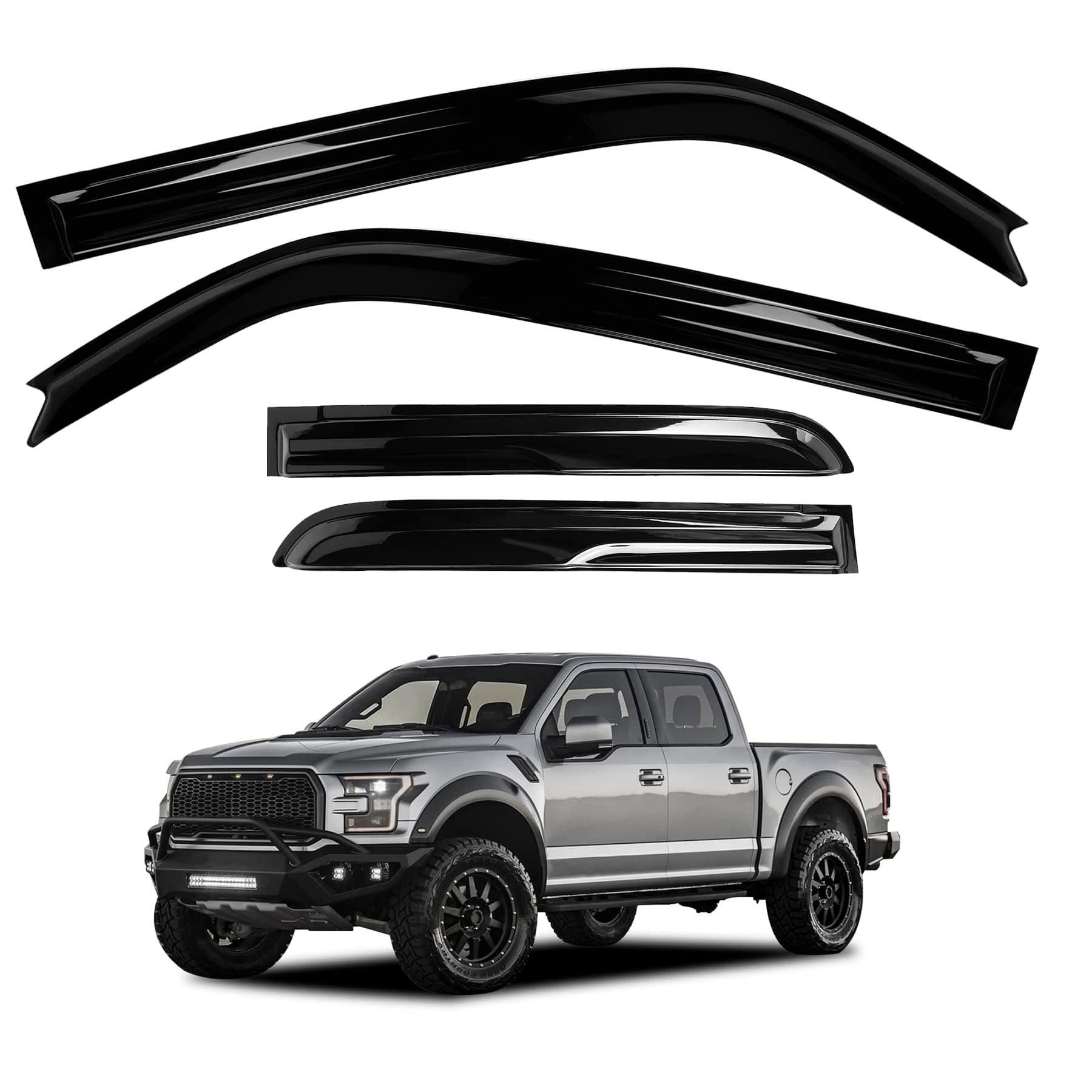 BJSIA Tape-On Rain Guards Window Deflectors Side Window Visor Deflector Rain Guard Compatible with 2015-2022 Ford F-150, 2017-2022 Ford F-150 Raptor SuperCrew, 4pc, Car Accessories (Outside Mount)